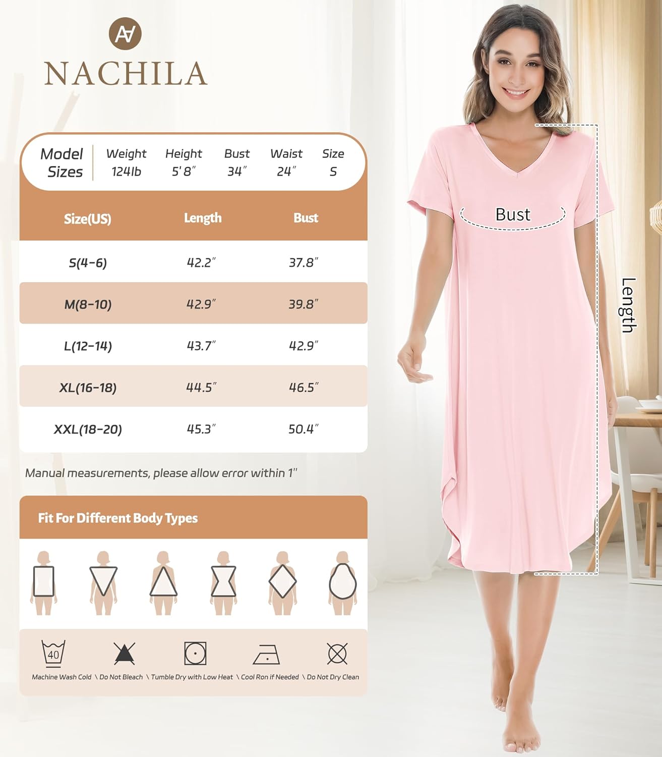 NACHILA Nightgowns for Women-Viscose Made from Bamboo, V Neck Sleepshirts Short Sleeve Sleepwear Cool Nightshirt - Image 5