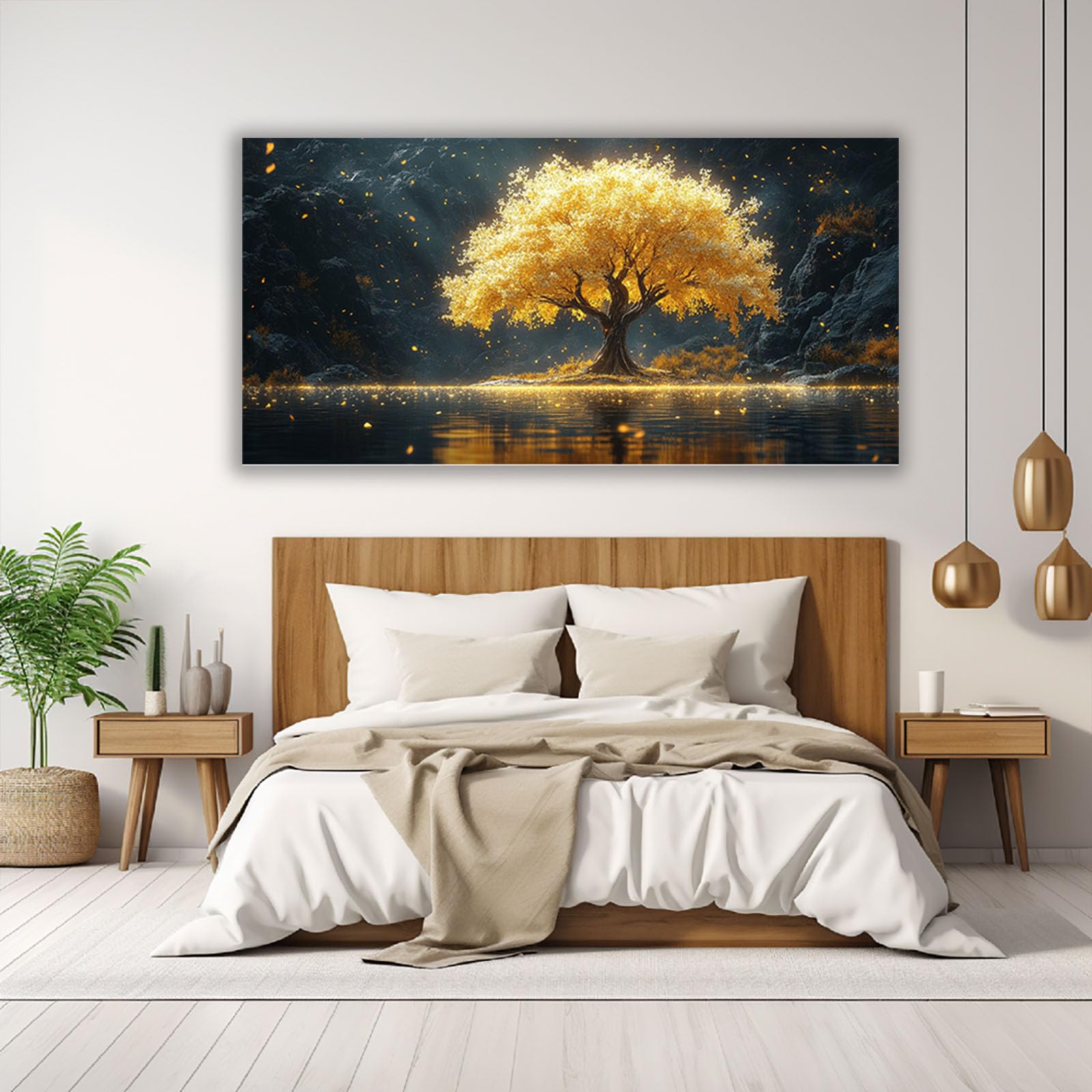 TERUEA Cuadros Decorativos Modernos Floral Brillante Árbol Dorado Brillante Acantilado Oscuro Agua Cuadros Decoracion Salon yoga femenino flor salud Lienzos decorativos（Gold-50x100cm1 Sin marco
