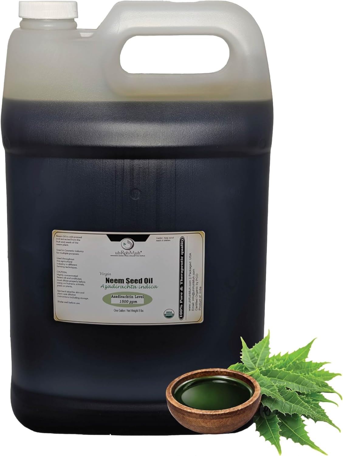 Pure Virgin Organic Neem Oil for Skin, Hair & Face - 100% Natural & Unrefined for Plants - Cold Pressed Neem Seed Oils - Safe for Dogs, Scalp & Hair Growth - 1 Gallon - Net Weight 3.6 kg / 8 lbs