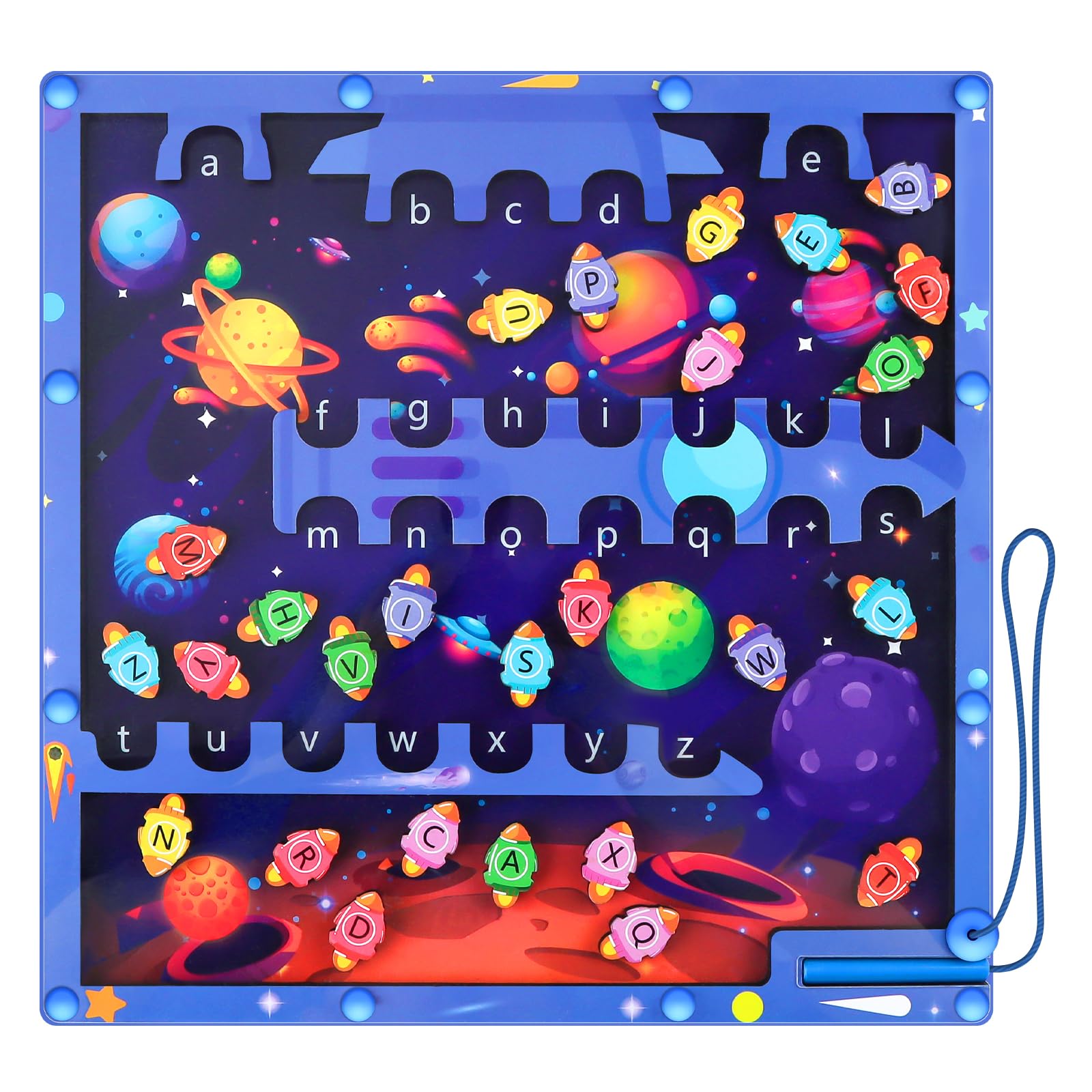 EBANKU Magnet Alphabet Maze, Magnetic Rocket Puzzle Toys Wooden Alphabet Board, Fine Motor Skills Toys Learning Resources, Magnetic Letter Maze Puzzles for Boys Girls,Toddlers Kids