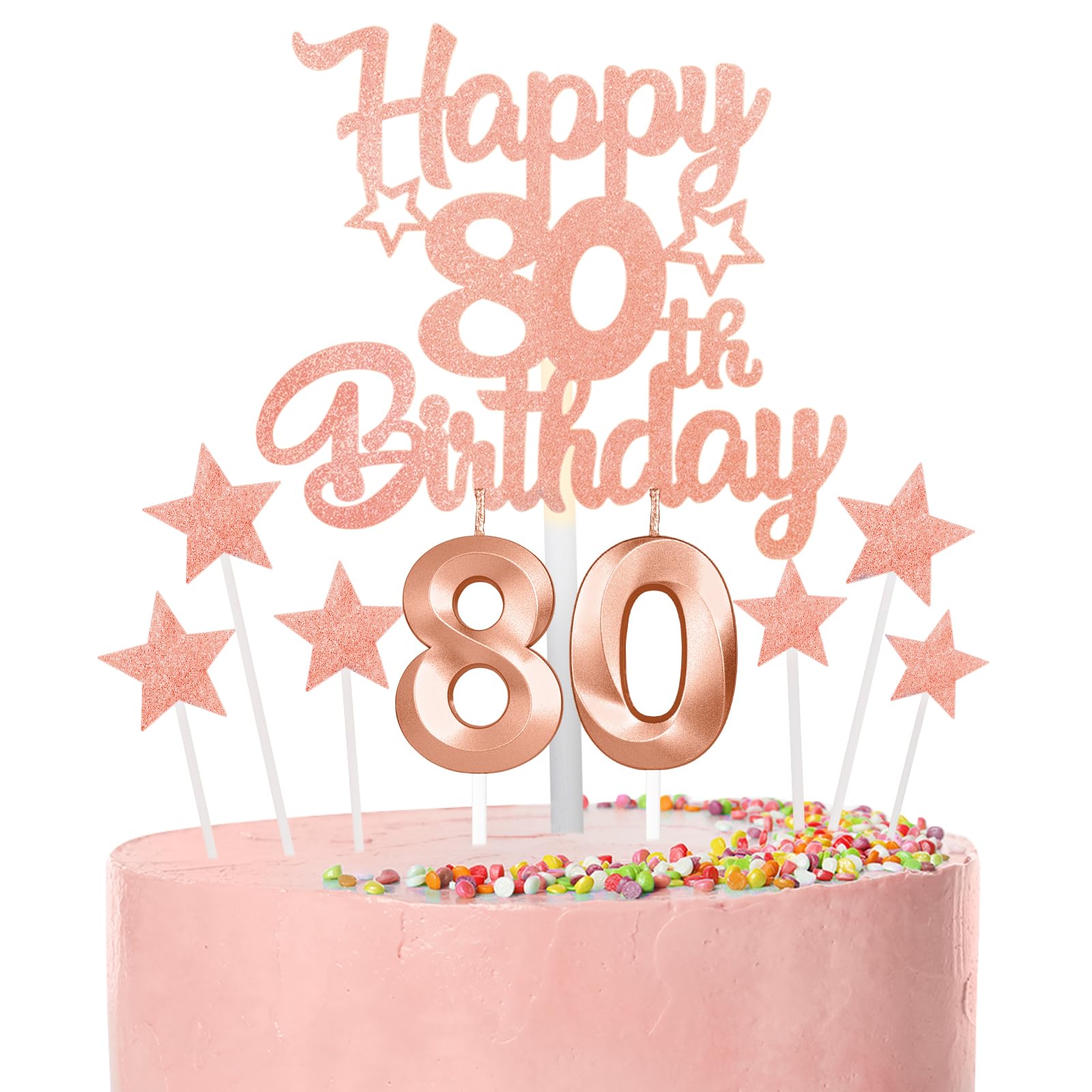 Rose Gold Happy 80th Birthday Candles Cake Topper Set,Rose Gold Number 80 Birthday Candles with Rose Gold 80th Birthday Cake Toppers Star Cupcake Toppers for Men Women Birthday Anniversary Decor