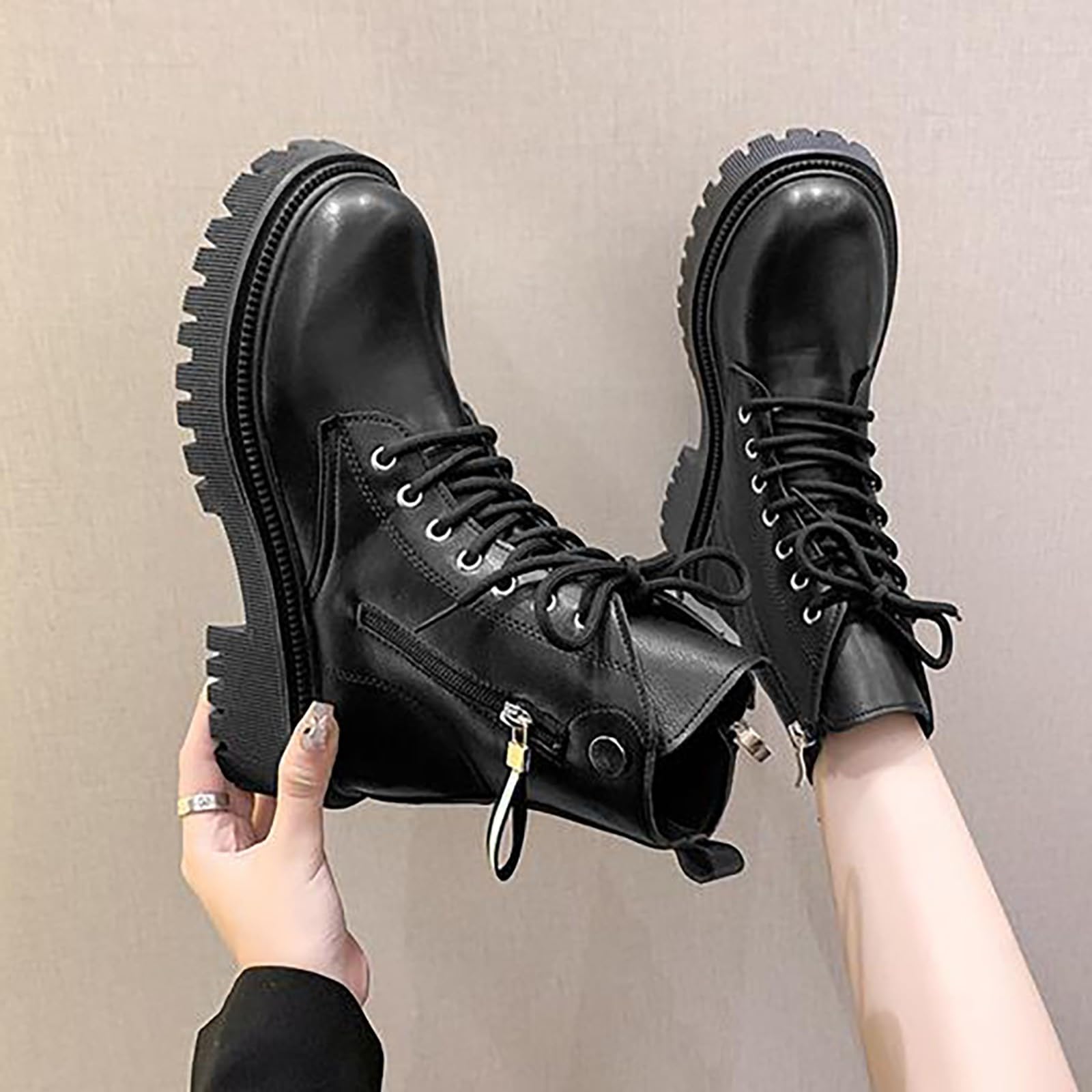 Bottines pour femmes – Gothiques, bottes d’hiver pour les demi-saisons, avec talon bloc, avec fermeture éclair, bottes courtes larges et chevilles, doublées en cuir, élégantes, Blanc, 38 EU