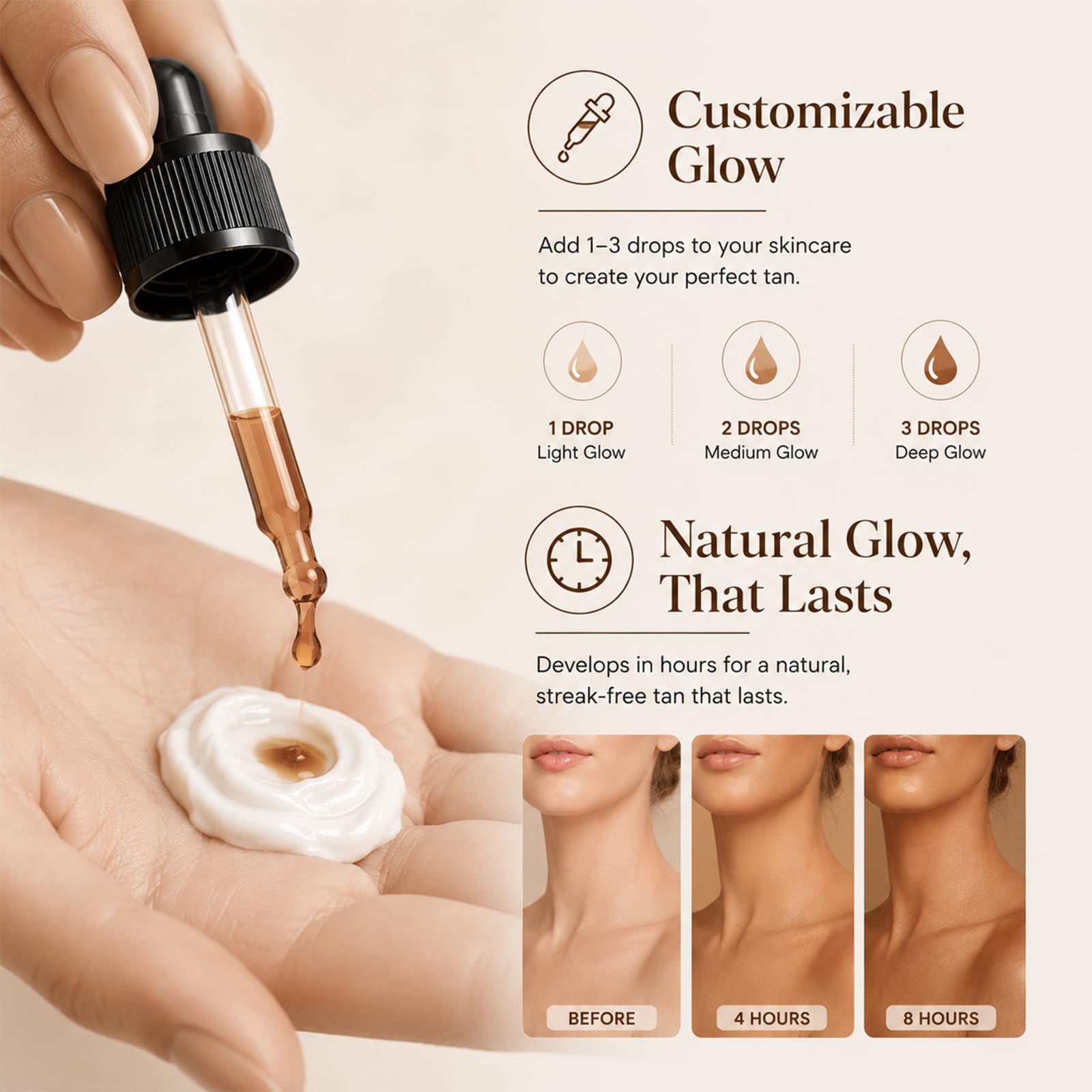 30ml Self Tanning Drops, Gotas Autobronceadoras, Brillo Bronceado para Todo Tipo de Pieles, Bronceado Personalizado, un Efecto de Bronceados sin Tomar el Sol(Marrón)