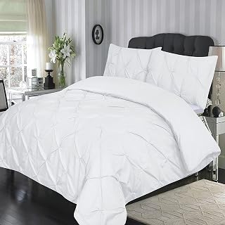 Hotel Quality Vintage Pintuck Diamond Pinch Pleat Duvet Cover Set with Pillow Cases -100% PolyCotton Bedding Quilt Cover in Single Double King & Super King and Choice of Colours. (Double, White)