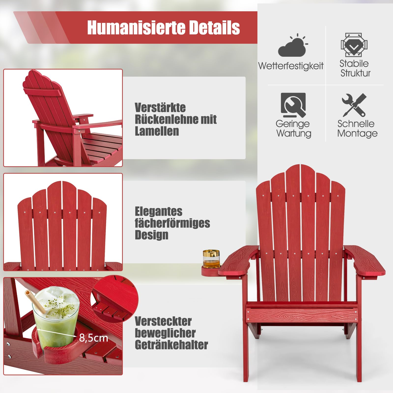 COSTWAY Adirondack Stuhl mit Getränkehalter, wetterfester Gartenstuhl, Gartensessel aus Kunststoff, Outdoor-Stuhl für Garten, Terrasse, 170 kg Tragfähigkeit (Rot)