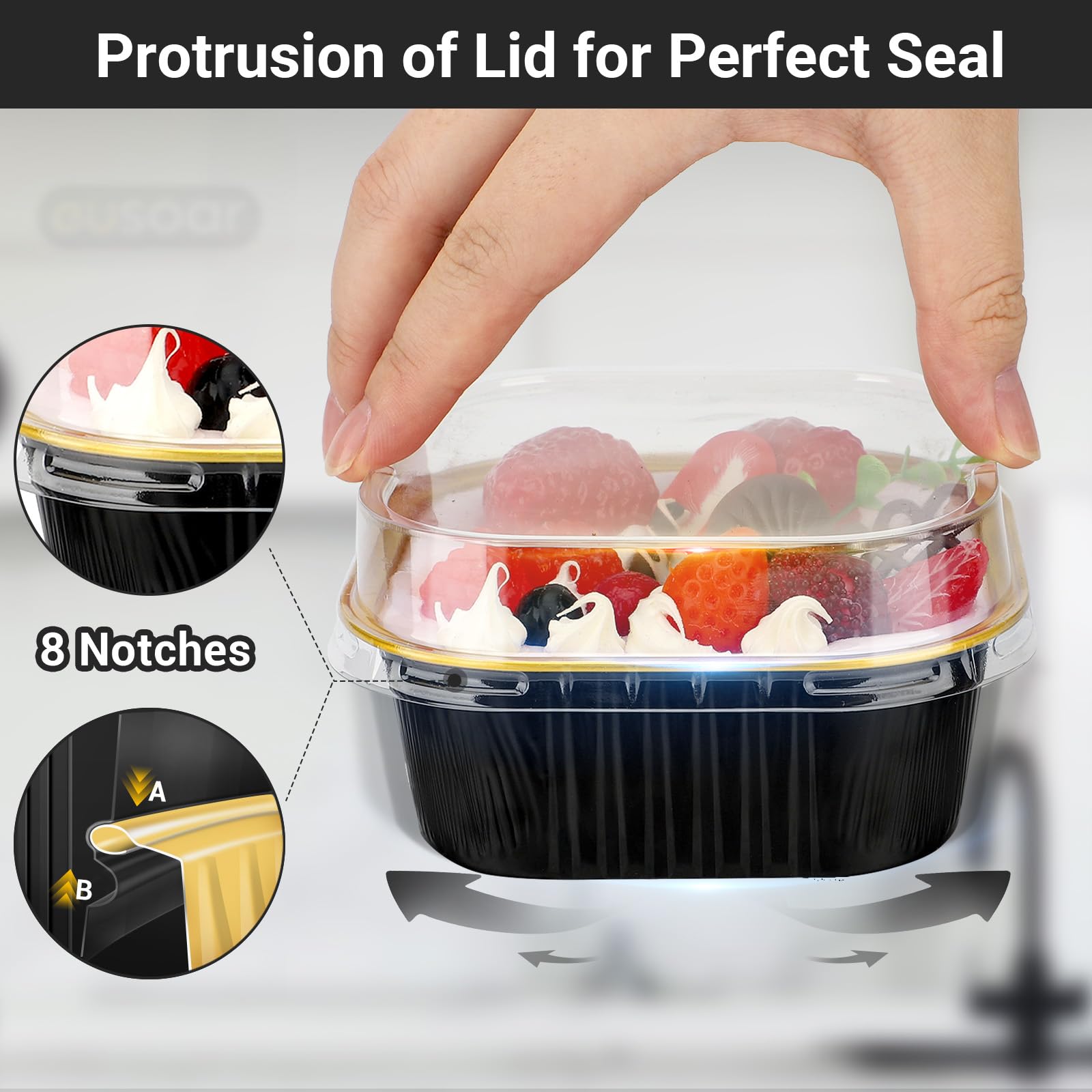 Eusoar Lot de 50 moules à cupcakes jetables avec couvercles, 10 x 9 x 4,2 cm 300 ml avec couvercles, en aluminium pour desserts, cupcakes, cupcakes, cupcakes, traiteur, pâtisserie - Noir doré