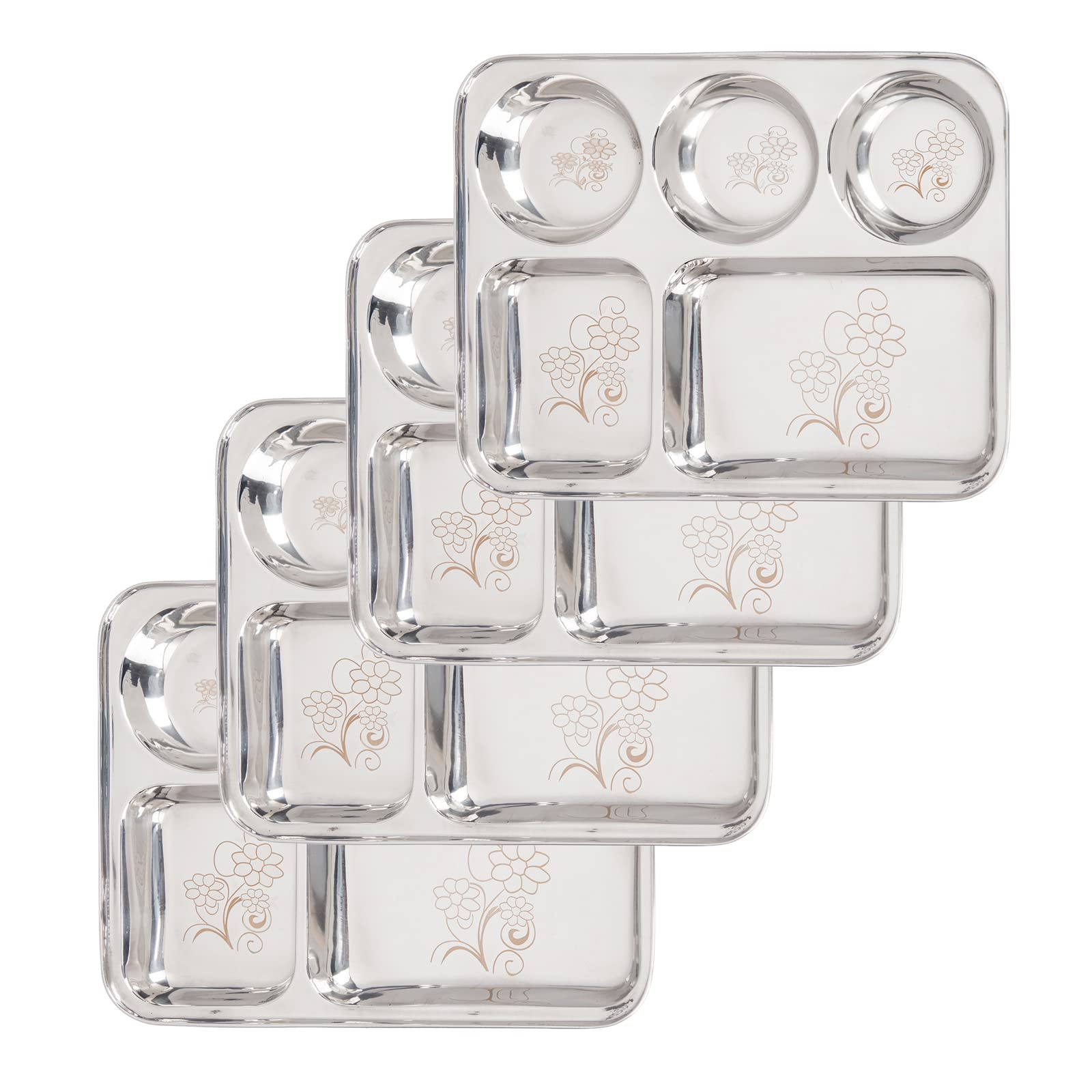 Abode Heavy Guage Stainless Steel Dinner Plate | Dinner Plate with Lazer Design | Dinner Plate/Thali Round with partition compatments Floral Design| Set of 4 | (330gm per Plate)