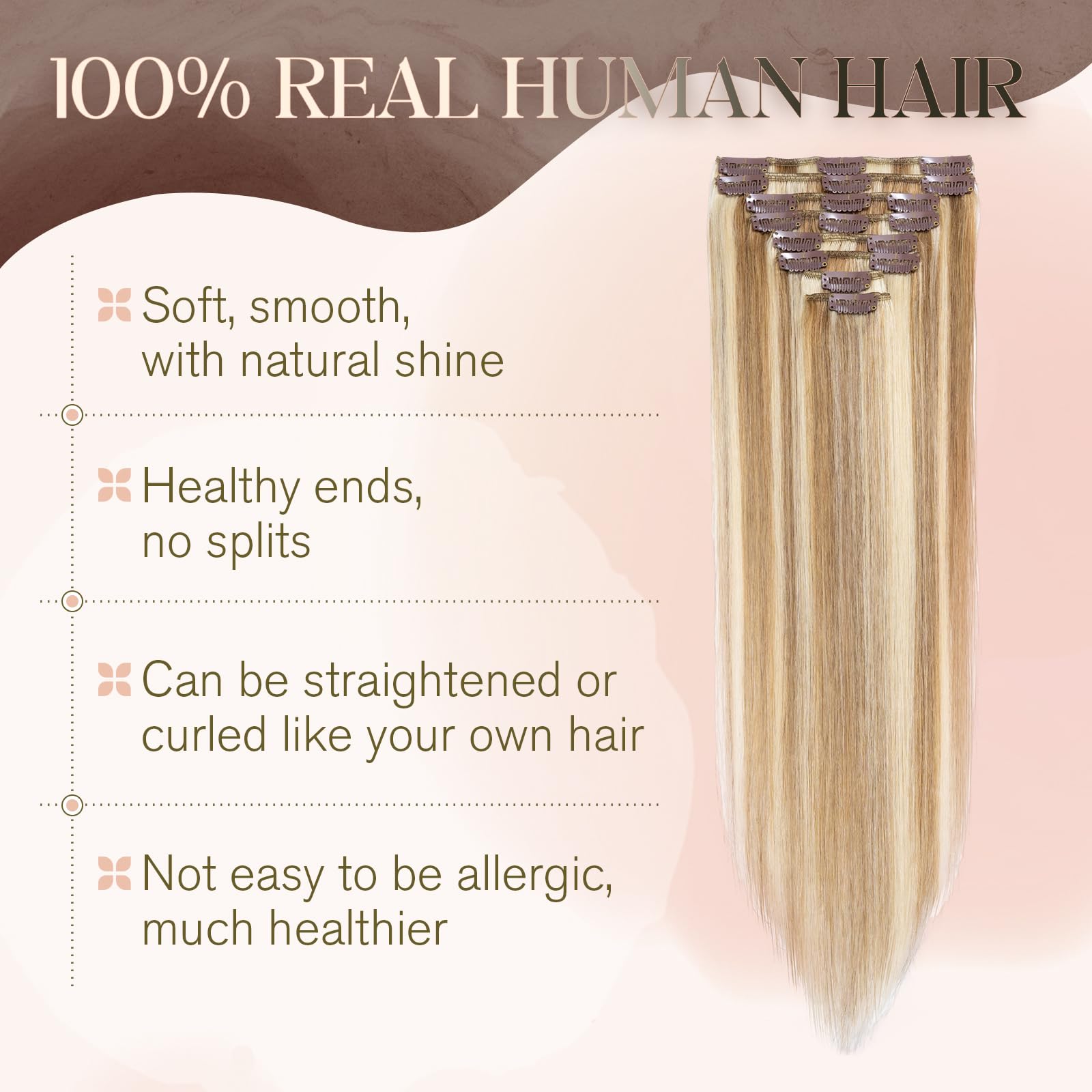 TESS Clip in Hair Extensions Real Human Hair Highlighted Remy Seamless 8 Pieces Straight for Women/Girls (#4P27 Medium brown&Dark blonde - Image 2