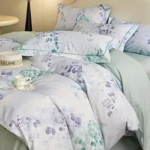 VM VOUGEMARKET Purple Green Duvet Cover Set King,3 Pieces Leaves Plants Duvet Cover with 2 Pillow Shams 100% Cotton Down Comforter Quilt Cover with Zipper