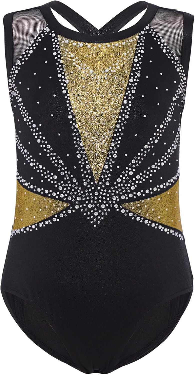 FEESHOW Gymnastics Leotard for Girls Sparkly Athletic Tank Unitard Dance Bodysuit with Shorts Leggings Hairband Set