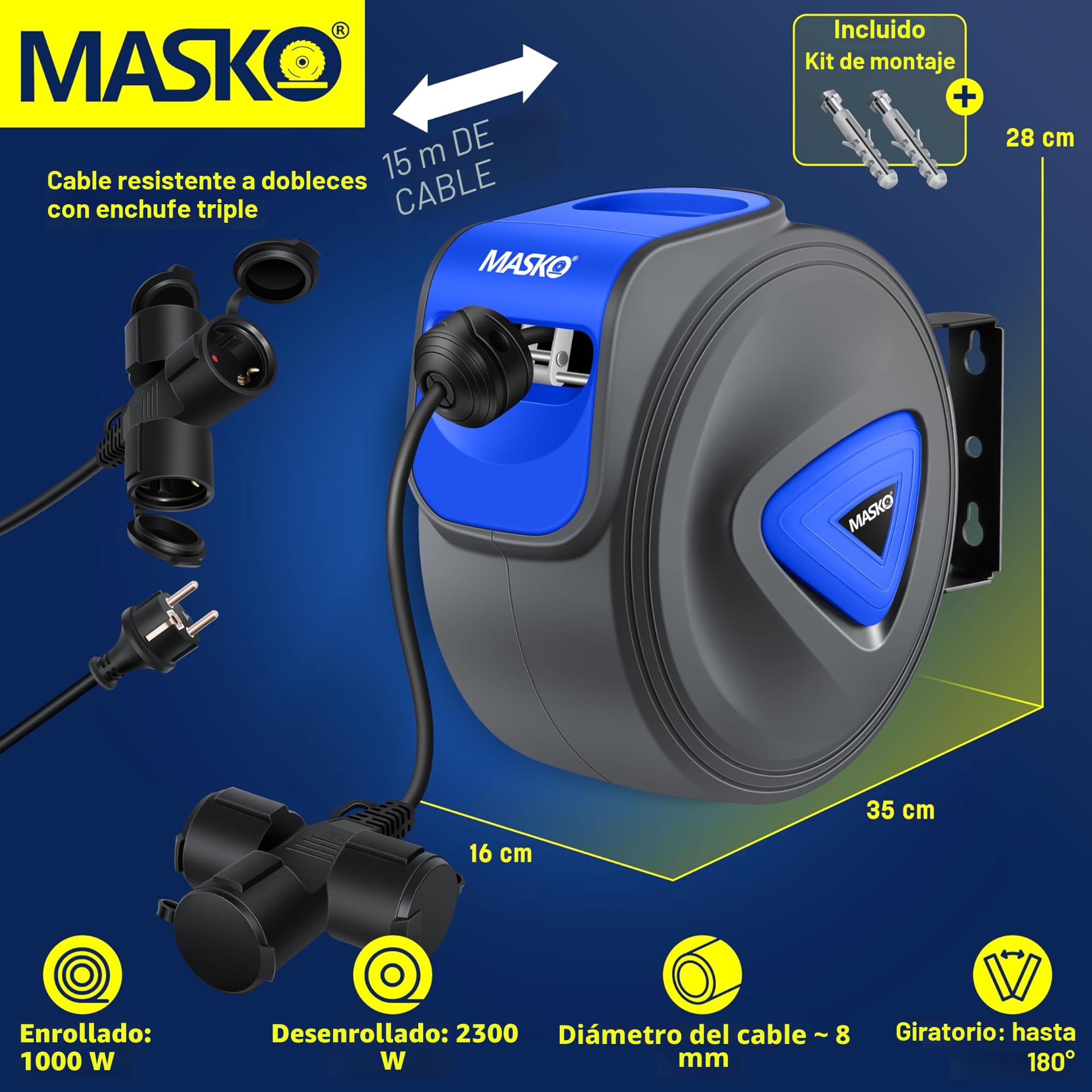 MASKO® Cable alargador automático de 20 m con conexión de 3 vías, giratorio 180°, cable de alimentación de 1,5 m, soporte de pared, enrollador de cables, enrollador de cables, incluye guantes