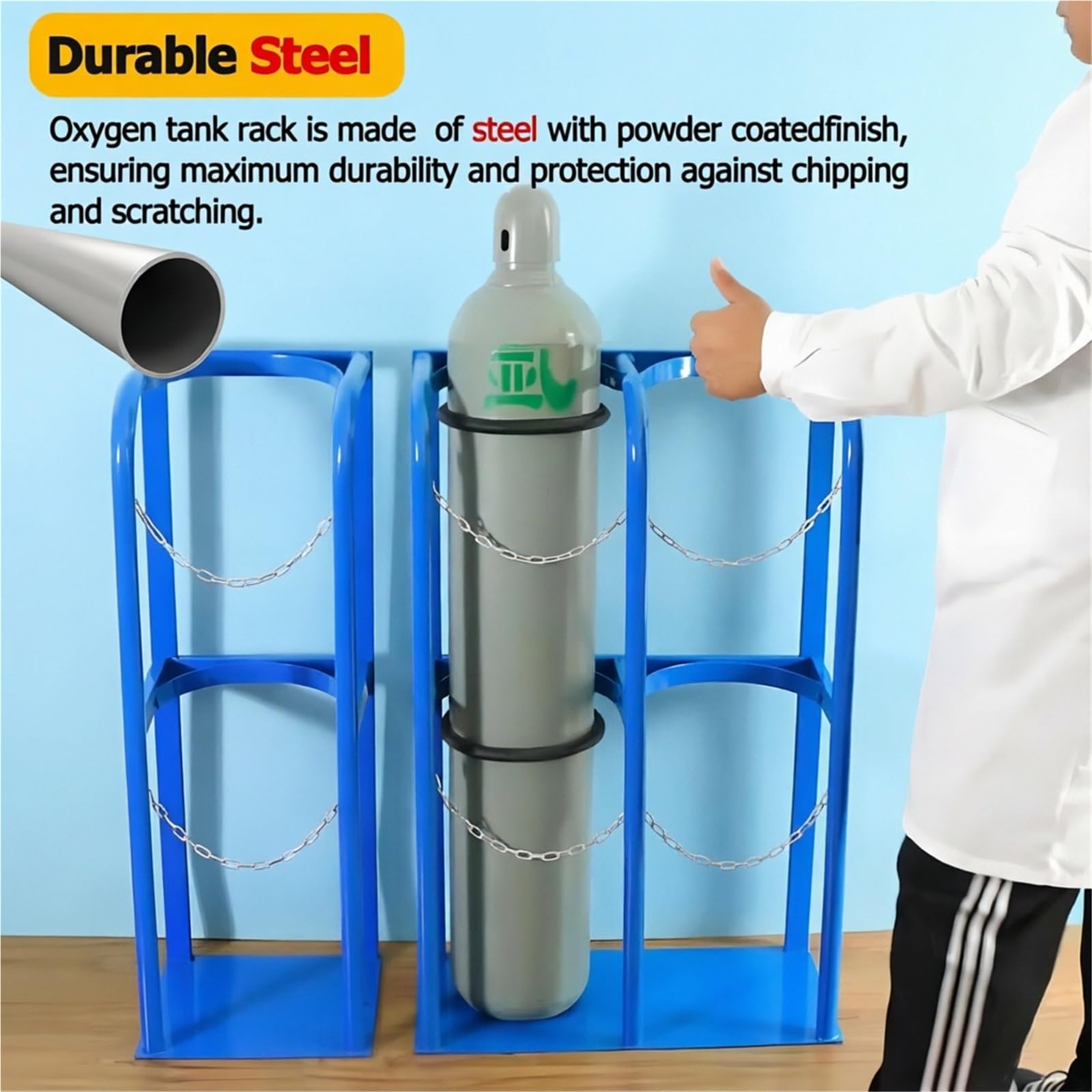 Soporte de almacenamiento para bombonas de oxígeno de alta resistencia, Soporte de fijación para bombonas de gas de montaje en suelo, Soporte portátil de acero con cadena de seguridad(60x30x100cm)