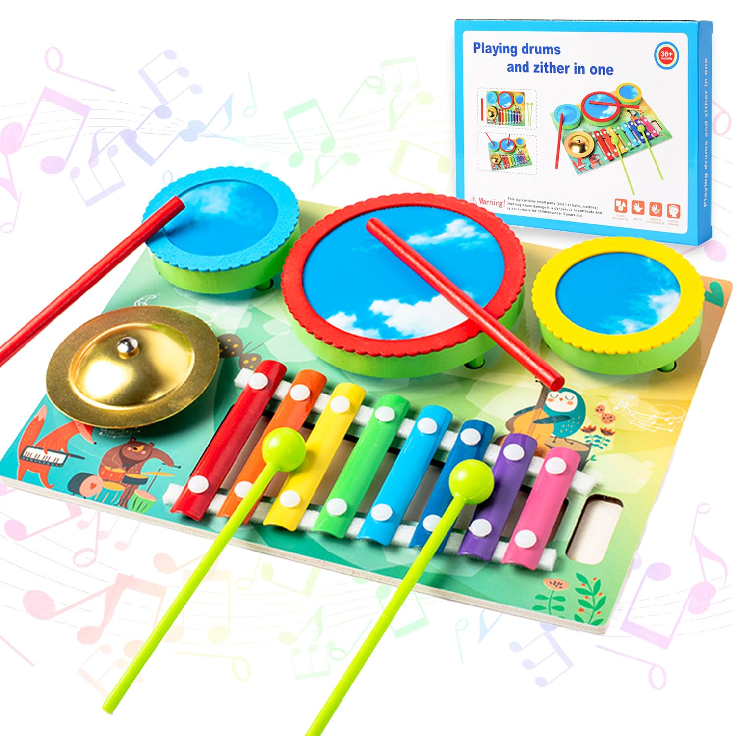 Kids Musical Instruments - Wooden Musical Toys for Toddlers 1+ Year Old with 3 Wooden Drums 1 Spatula, Educational Baby Musical Toys, Birthday Gifts for Girls Boys 1 2 3 4 5 Years Old