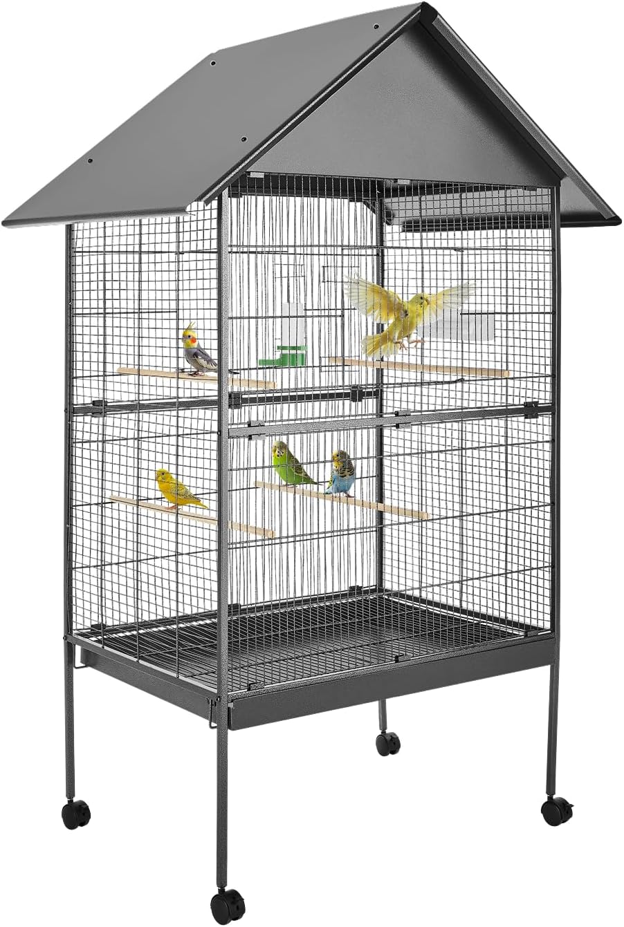 tectake® Large Bird Cage on Wheels with Pitched Roof, 2 Sliding Doors & Sand Tray, Incl. Feeding Station, Water Dispenser & 4 Perches, Ideal as Cockatiel & Parrot Cage - 85 x 60 x 168 cm