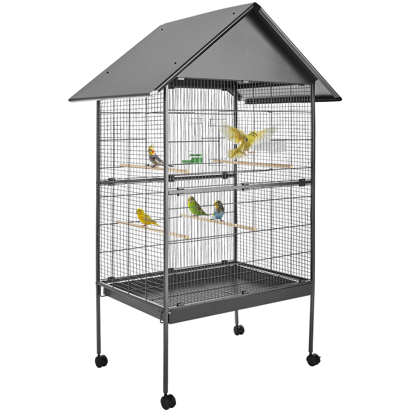 Sponsored Ad – Large Bird Cage on Wheels with Pitched Roof, 2 Sliding Doors & Sand Tray, Incl. Feeding Station, Water Dispenser & 4 Perches, Ideal Parrot, Canary, Cockatiel & Budgie Cage - 85 x 60 x 168 cm
