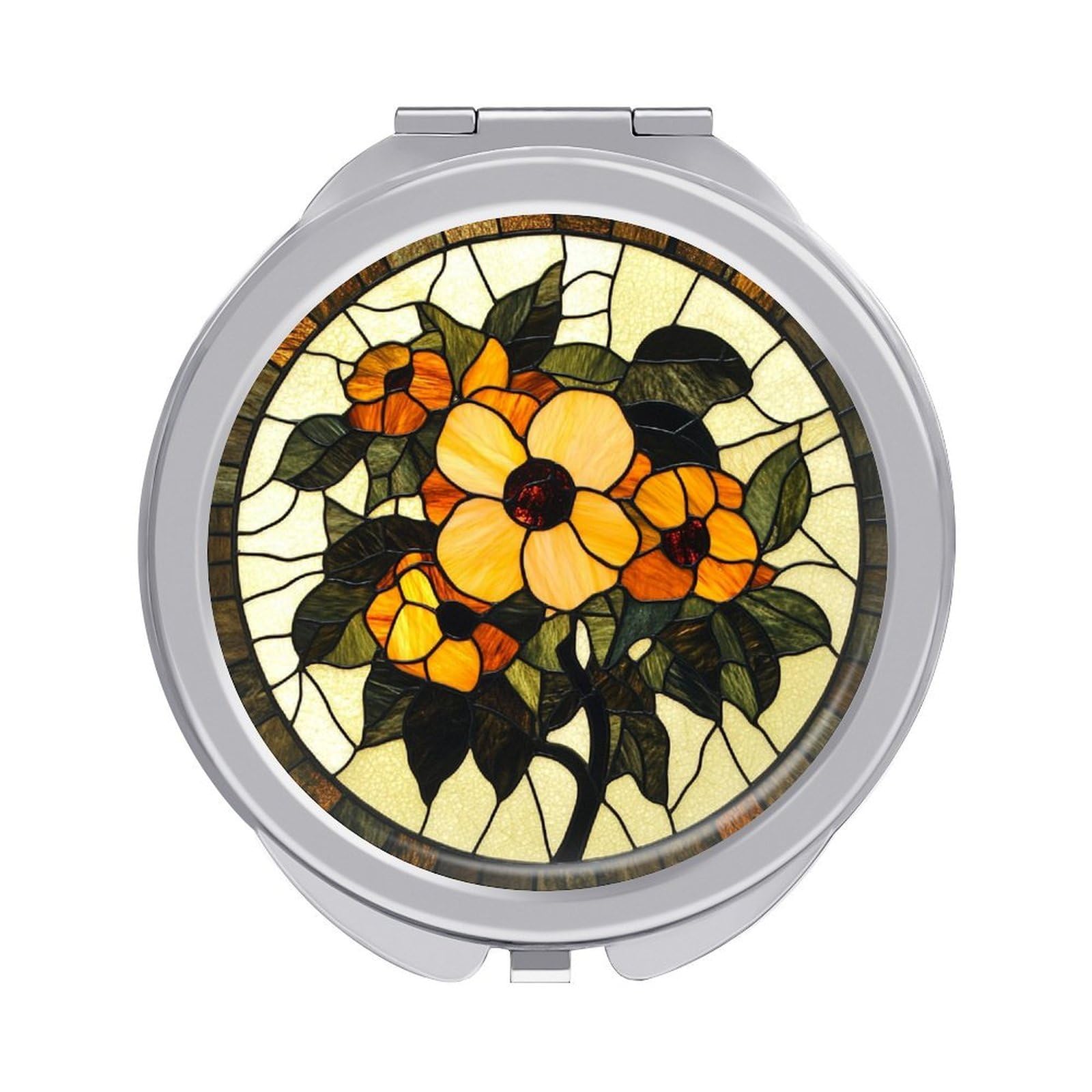 Jubonexis Stained Glass Yellow And Orange Flowers Women Pocket Mirrors, Girls Small Portable Travel Makeup Mini Mirror