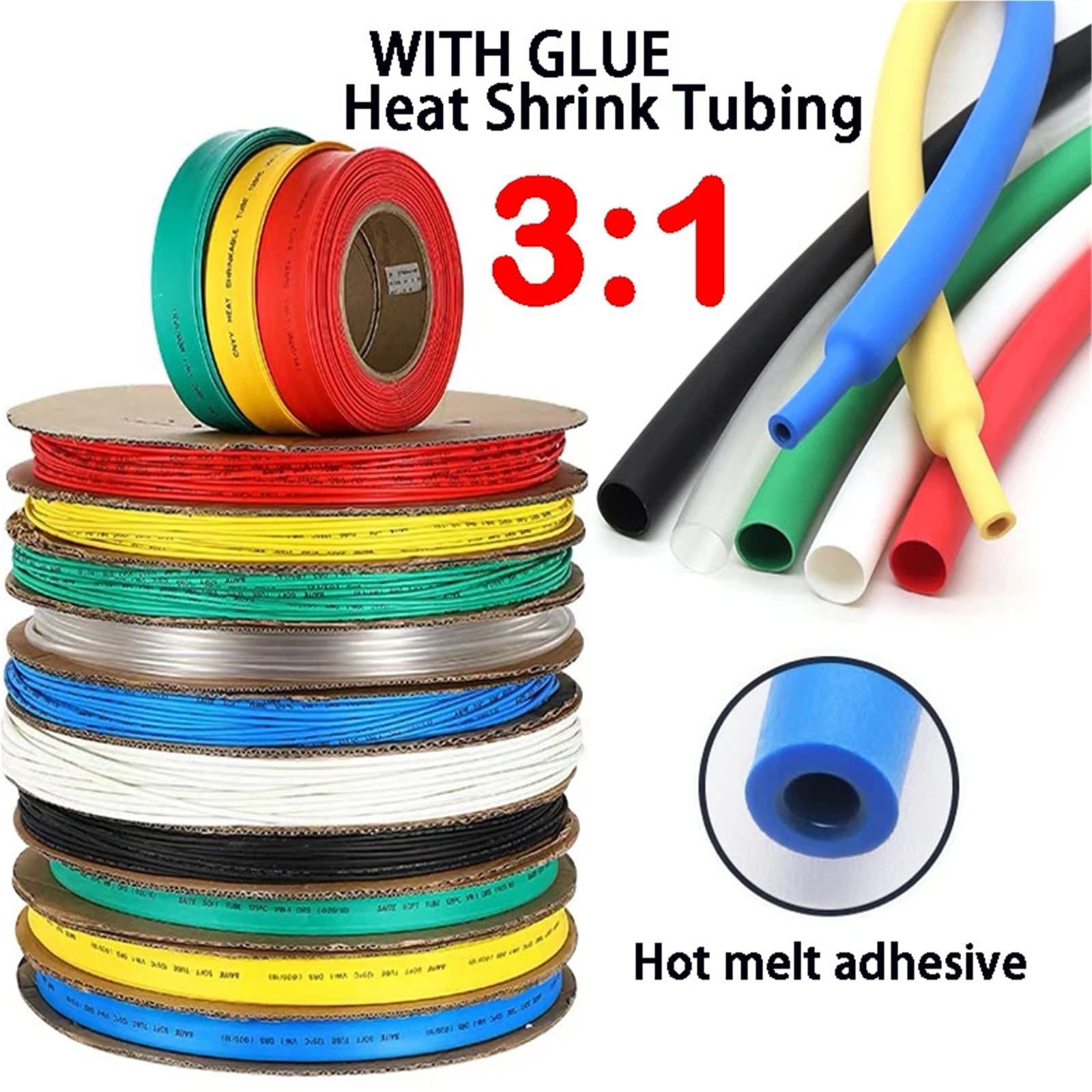 Tubo termorretráctil de poliolefina, negro, con pegamento, 10/50/100 m, 200 metros, 3:1, con relación de contracción variada, adhesivo for cable.(Blue,3.2mm,50m)