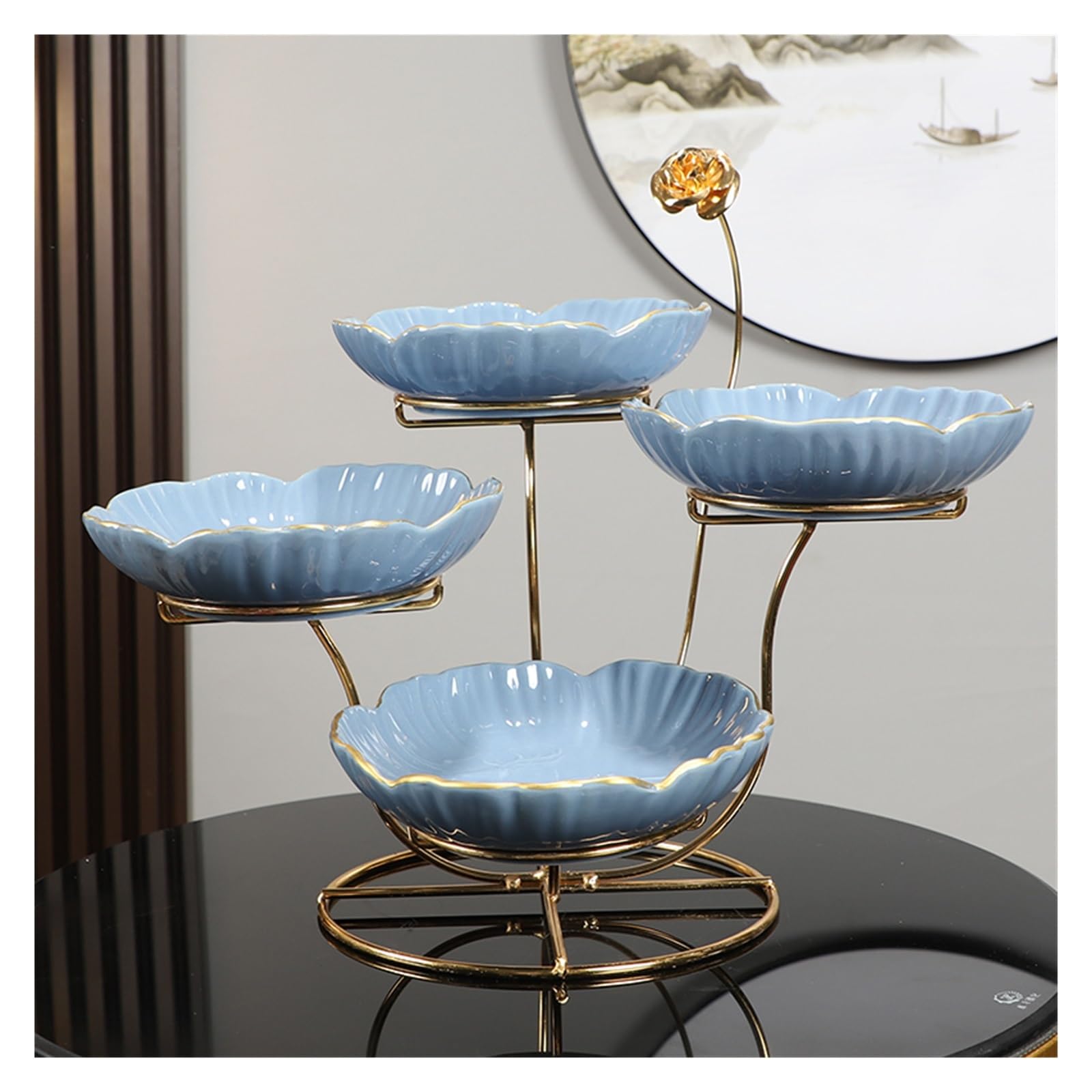 Talerz z owocami Wielowarstwowy ceramiczny talerz na owoce Nowy chiński stolik kawowy do salonu Talerz na owoce Nakrętka Talerz na przekąski Miska z owocami(Blue-A)