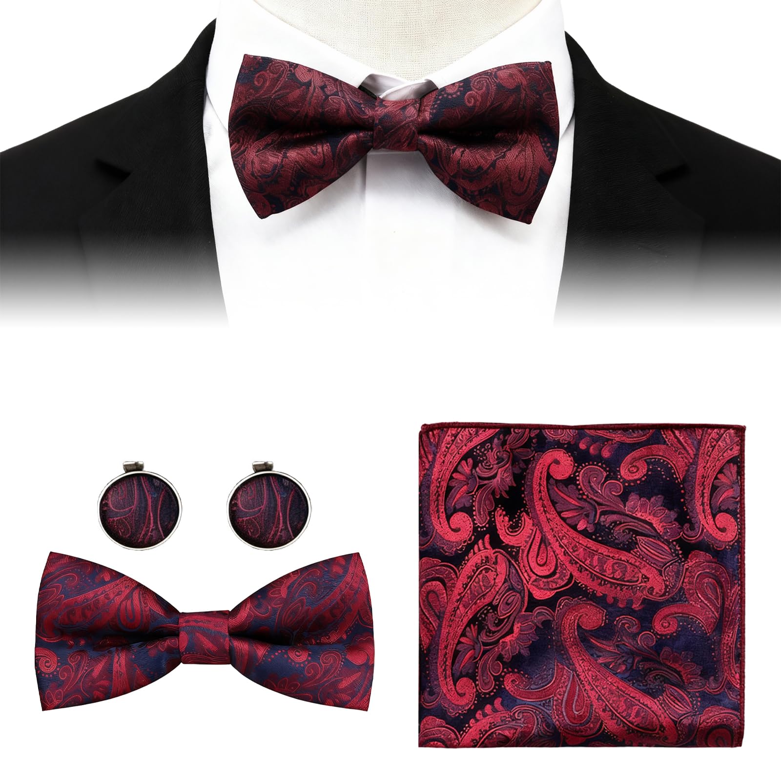 Ydakguey Men's Red Burgundy Bow Tie For Paisley Bowtie Set With Pocket Square & Cufflinks, Formal Accessory For Weddings, Business & Special Occasions