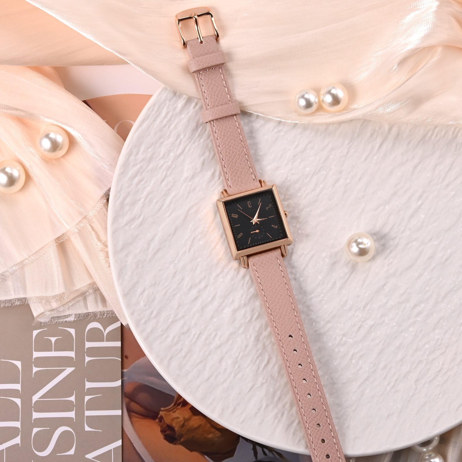 WOCCI 18mm Grace Watch Band for Ladies, Top Grain Leather, Quick Release Replacement Strap with Rose Gold Buckle (Retro Pink)