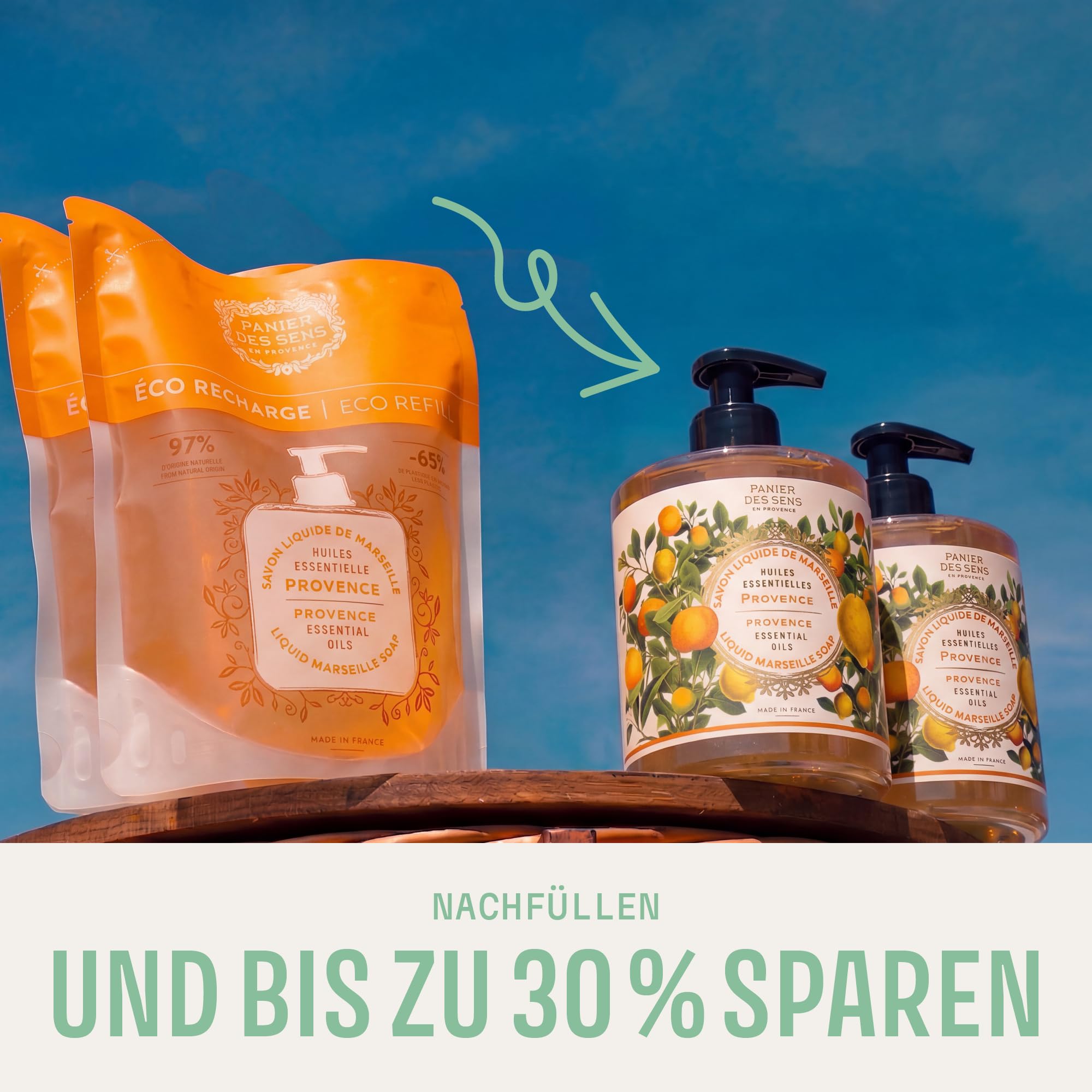 Panier des Sens itrusduft Provence Handseife Nachfüllbeutel 2x 500ml - Savon de Marseille Seife - Feuchtigkeitsspendende Flüssigseife Nachfüllpack mit Kokosnussöl- mit 97 % natürliche Inhaltsstoffe