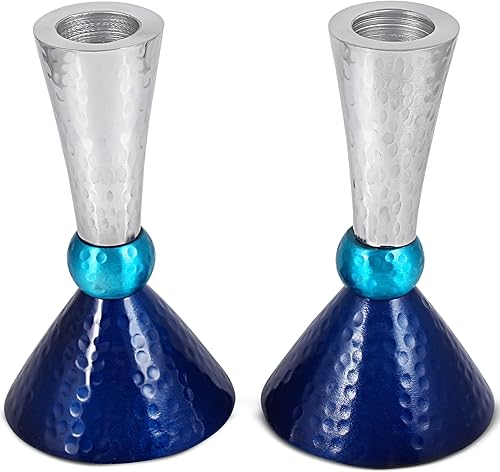 Miniatura 5 de Zion Judaica - Juego de portavelas clásico con acabado martillado de metal anodizado, se adapta a velas gruesas cónicas y shabat, tonos azules y