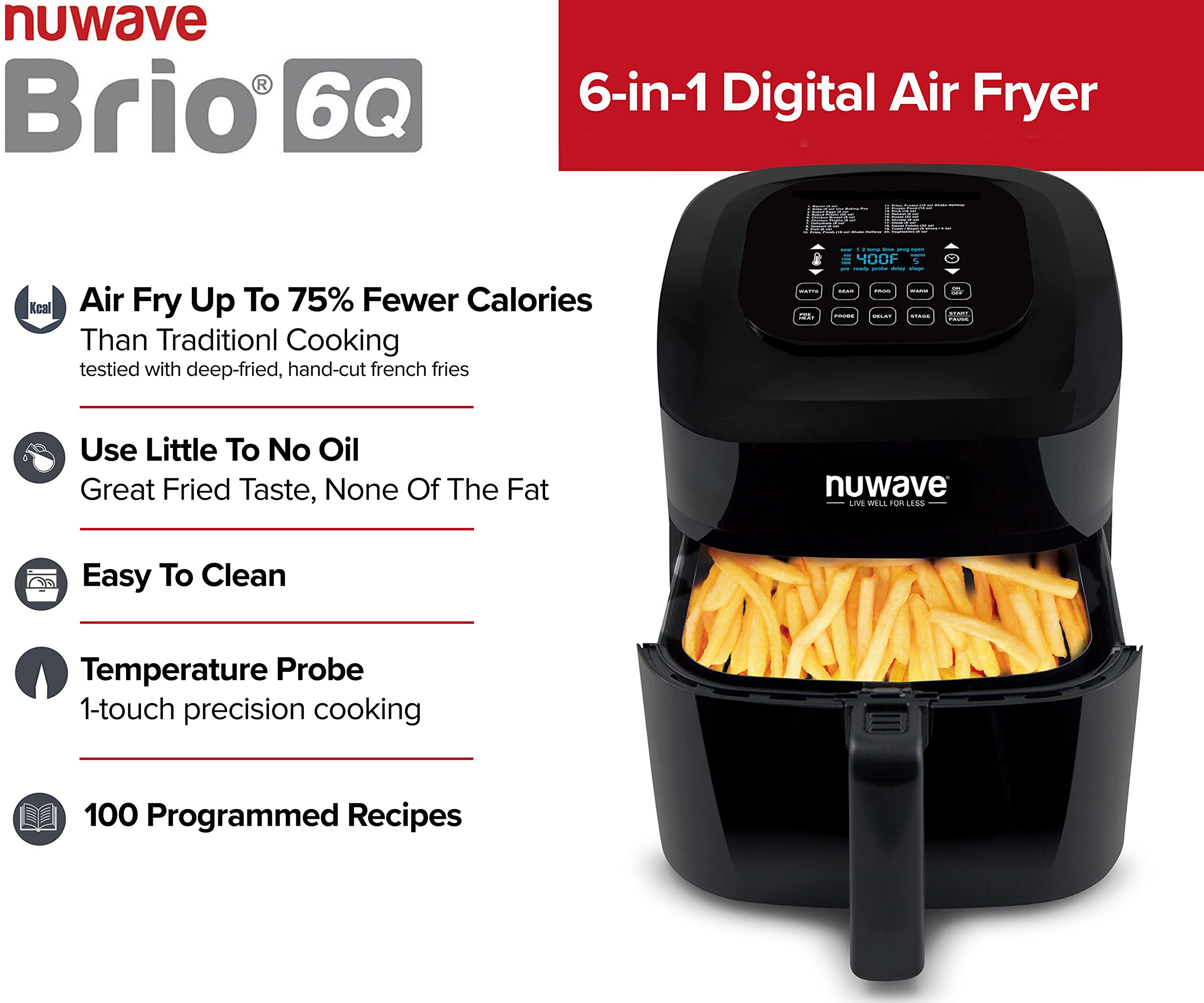 NUWAVE BRIO 6Quart Digital Air Fryer with Probe Digital