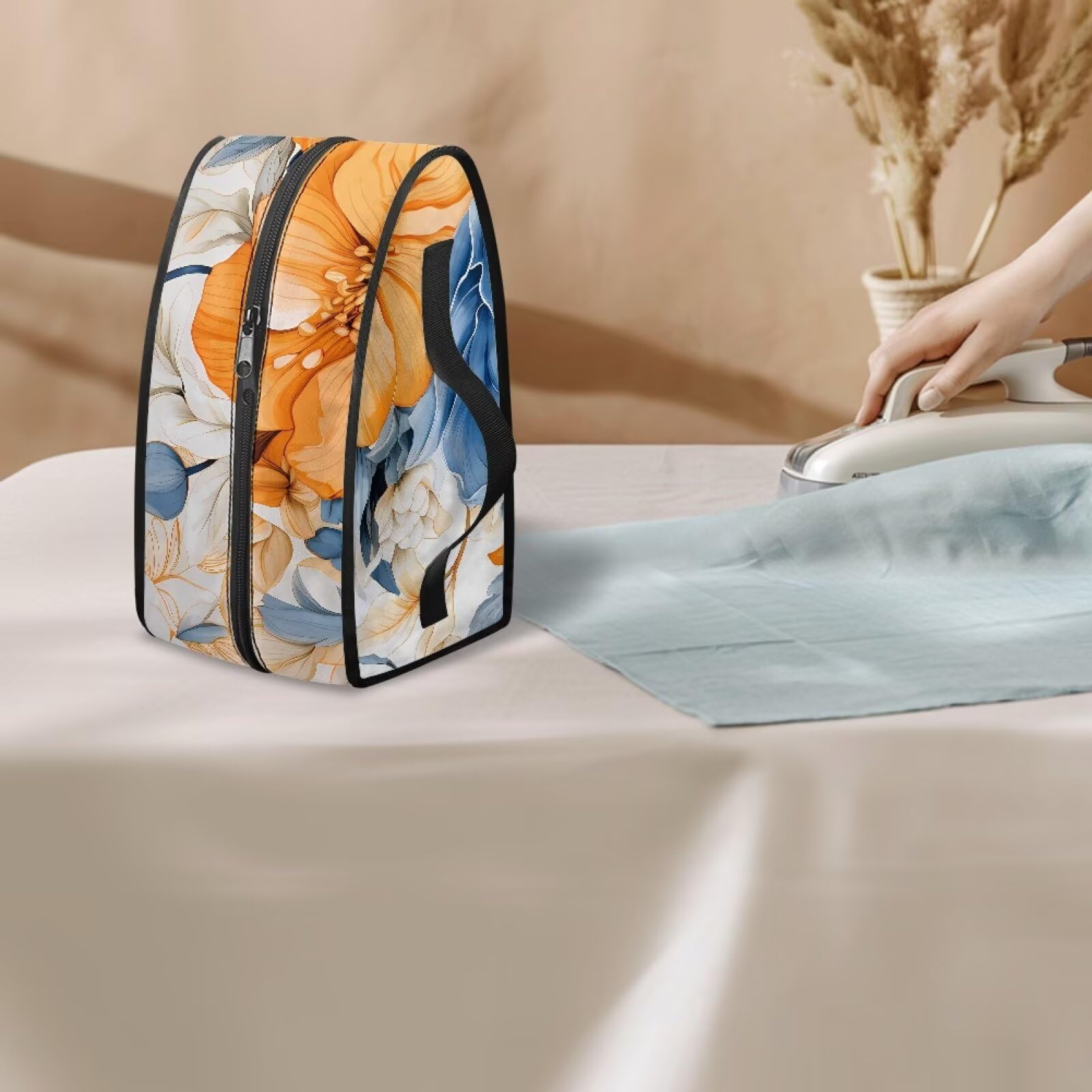 Estuche para plancha de vapor portátil COEQINE con diseño floral en bloques de colores y marco reforzado para mayor durabilidad. Compacto y plegable para fácil almacenamiento. Organizador para viajes y uso doméstico para damas.