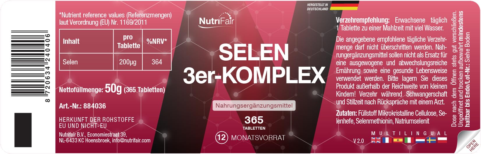 Selenium 3-complex - 365 compresse, contenente 200µg - Complesso di lievito di selenio, selenometionina e selenito di sodio - Dosaggio elevato - 100% vegano - Produzione tedesca e test di laboratorio