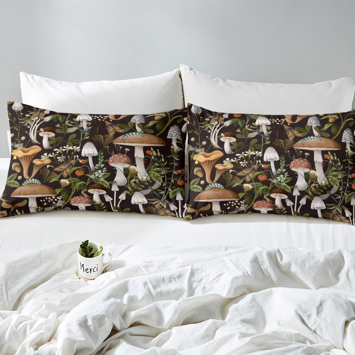 richhome Mushroom Duvet Cover Double Size 3 Pcs Watercolor Botanical Leaves Cute Strawberry Bedding Set for Kids Teens Adults Wild Dragonfly Rustic Jungle Style Comforter Cover with 2 Pillowcases - Image 4