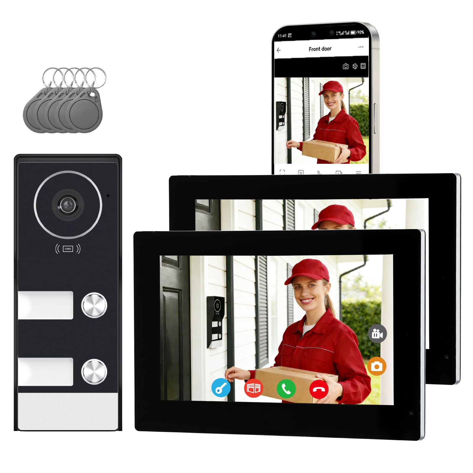 Video Türsprechanlage 2-Draht für 2 Familienhaus, 2X 7 Zoll Monitor & App - Smarte Video Türklingel mit Kamera & Gegensprechanlage, RFID, 2-Wege-Audio KW08-IP7-2F