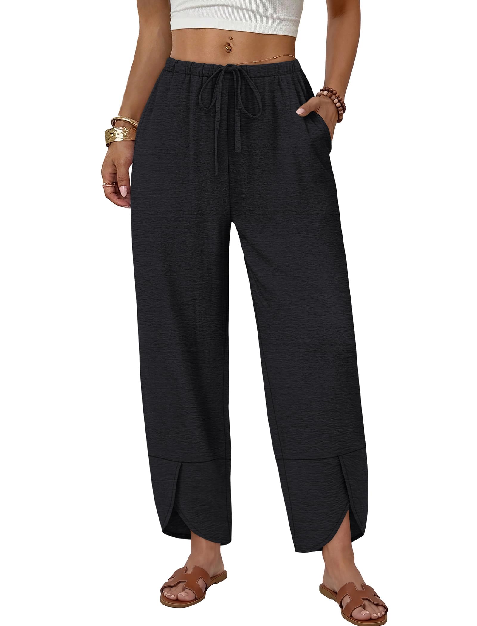 Desol Sport Leggings Damen Tasche Capri 3/4 High Waist Elastische Blickdicht Übergröße Caprihose Damen Sommer mit Seitentaschen für Yoga Freizeit