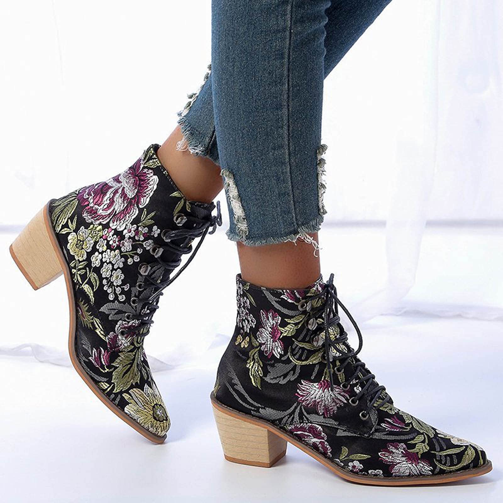 Vintage Stiefeletten StiefelLederDamen Absatz Chunky Heel Floral Ankle Boots Fashion Lace-up Print Damen Damenstiefel Kurzschaft Sommerstiefeletten