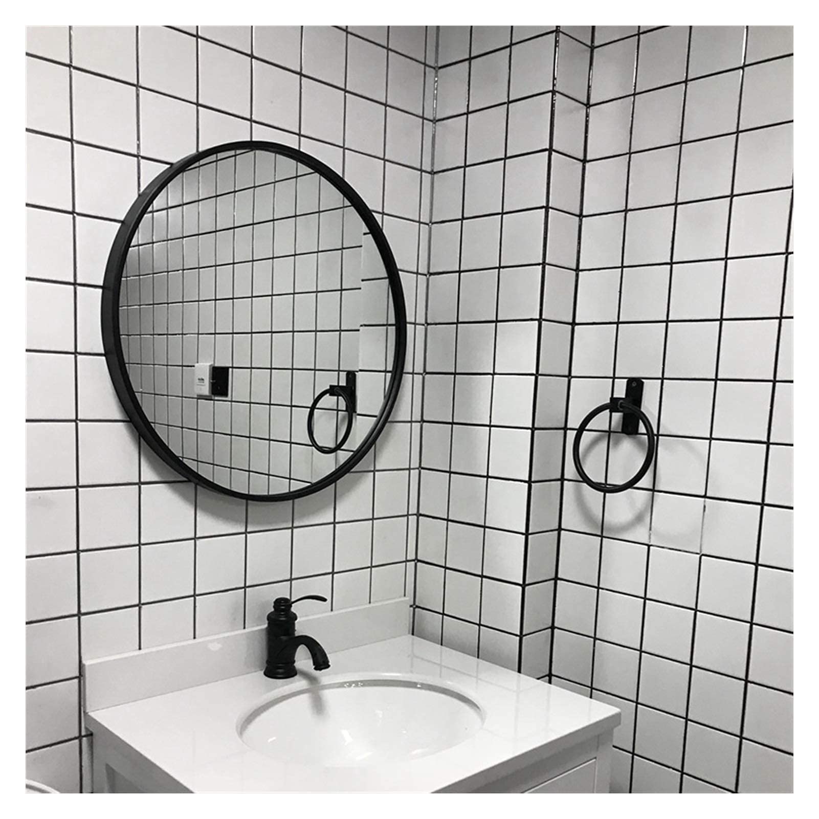 TYUHDUYUR Bathroom Mirrors Wall Mounted Large | Round Hanging Mirror | Fireplace Mirrors for Living Room Cosmetic Vanity Makeup Mirror Black Metal Frame Exquisite / 40cm