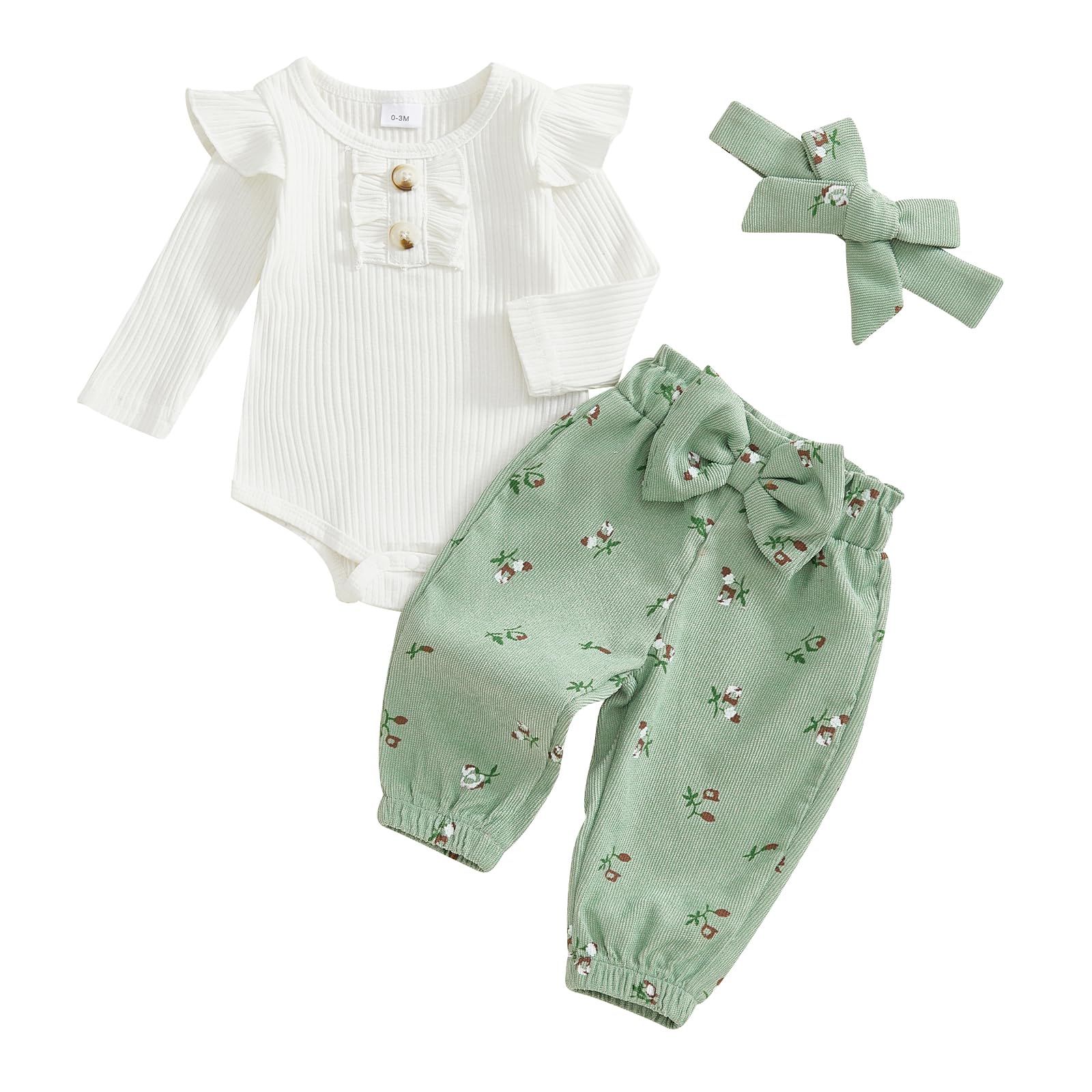 Baby Mädchen Frühling Outfit 3 Teiliges Kirsch Hosen Set Langarm Rundhalsausschnitt Rüschen Bodysuit+Elastische Taille Kirsch Muster Hose+Bogen Stirnband Weiche Babyset