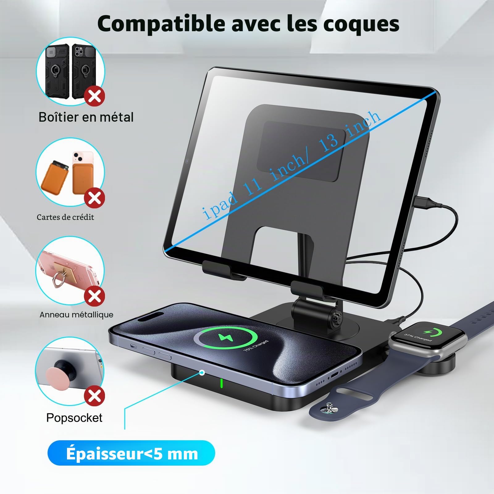 Chargeur sans Fil pour Apple, Station de Charge Multiple 3 en 1 pour iPhone 16/15/14/13/12, Chargeur pour Apple Watch 10/9/8/7/6/SE/5, Chargeur pour AirPods 4, Support de Station de Charge pour iPad