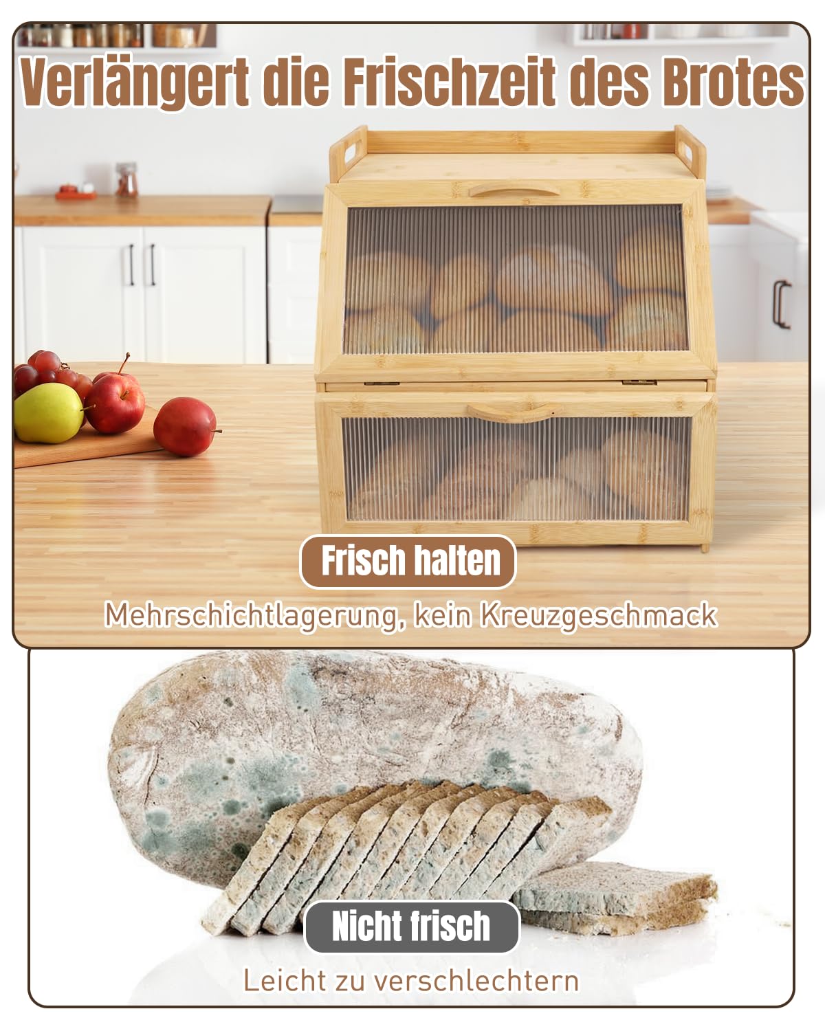 Panera de bambú, almacenamiento de pan de 2 niveles, contenedor de pan de gran capacidad para una mayor frescura, elegante panera de cocina con ventilación para pan y tostadas