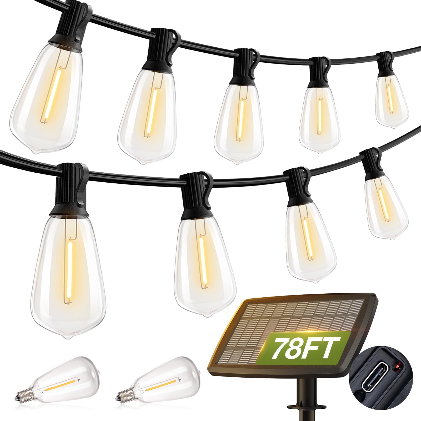 addlon 78(72+6) FT Solar String Lights Waterproof,Patio Lights Solar Powered with USB Port & 3 Lighting Modes 24+2 LED Shatterproof Bulbs Outdoor Lights for Camping Backyard Garden