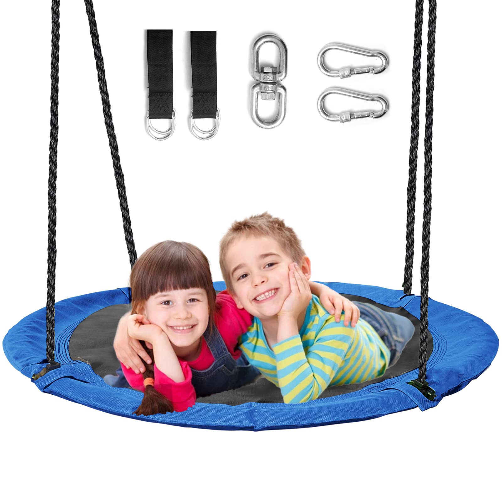 Lumeiy43" Saucer Tree Swing for Kids, 360° Rotate Waterproof Flying Saucer Swing with Swivel, Hanging Straps, Adjustable Ropes, Round Mat Spinner Swing for Tree/Swing Set, Blue