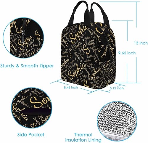 Miniatura 4 de Lonchera personalizada con nombre, texto dorado brillante, color negro, lonchera aislada personalizada para niñas y niños, bolsa de mano duradera