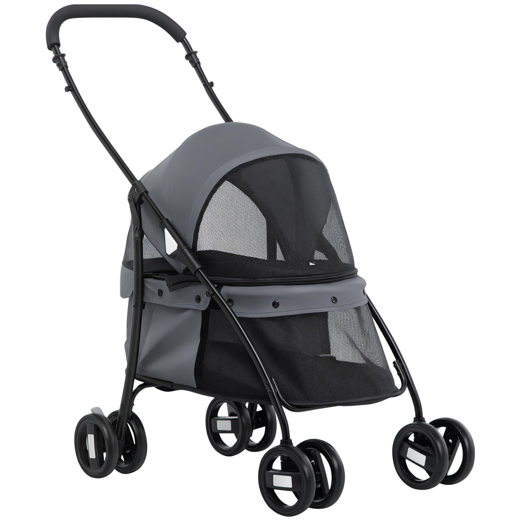 PawHut Passeggino per Cani Pieghevole con Tettuccio Regolabile, Borsa e 2 Guinzagli, Passeggino per Animali in Tessuto Oxford e Acciaio, 82x47x97 cm, Grigio e Nero