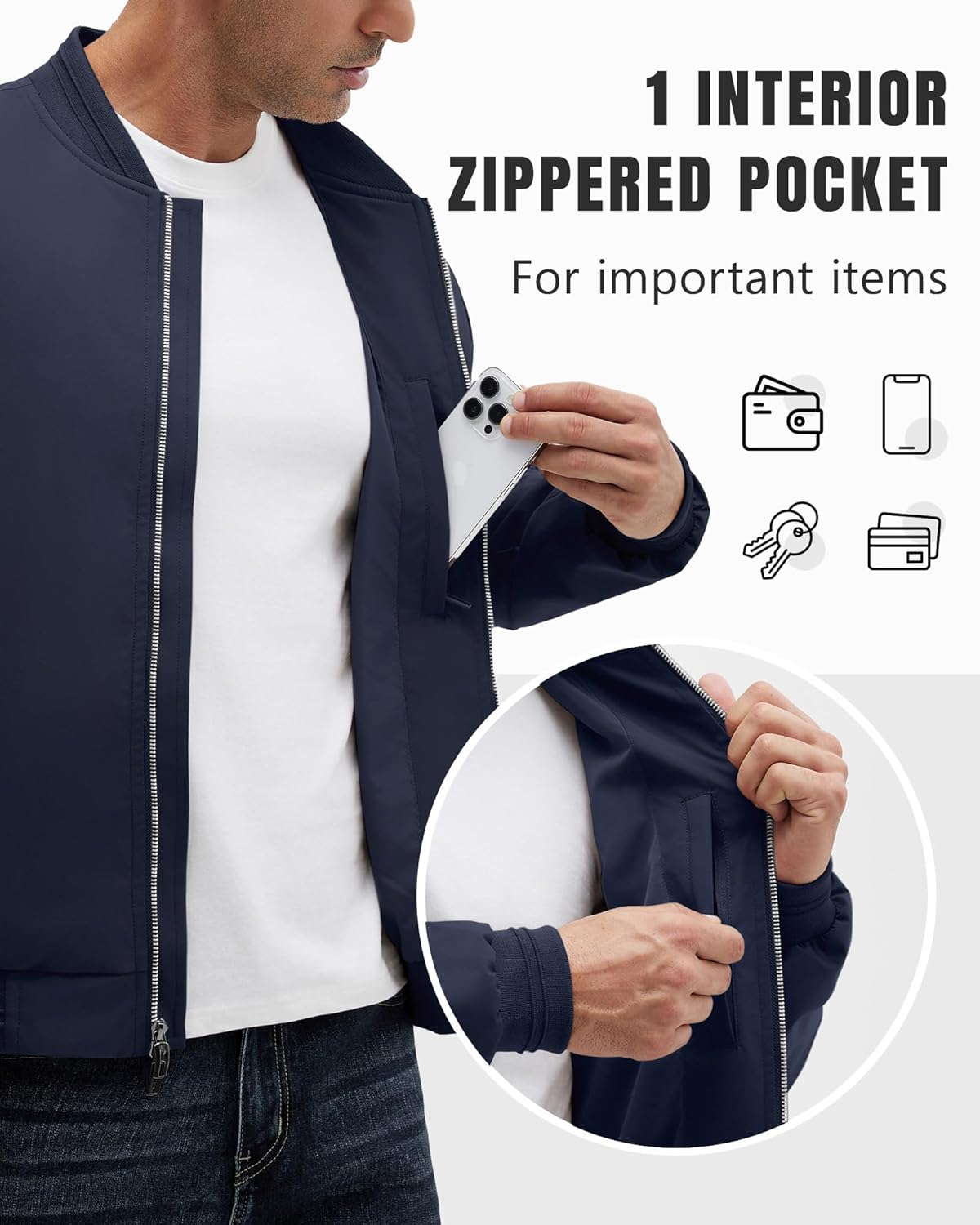 Polu Men's Bomber Jackets with Pockets Lightweight Windbreaker Jackets 2-Way Zipper Casual Business Fall Winter Coat