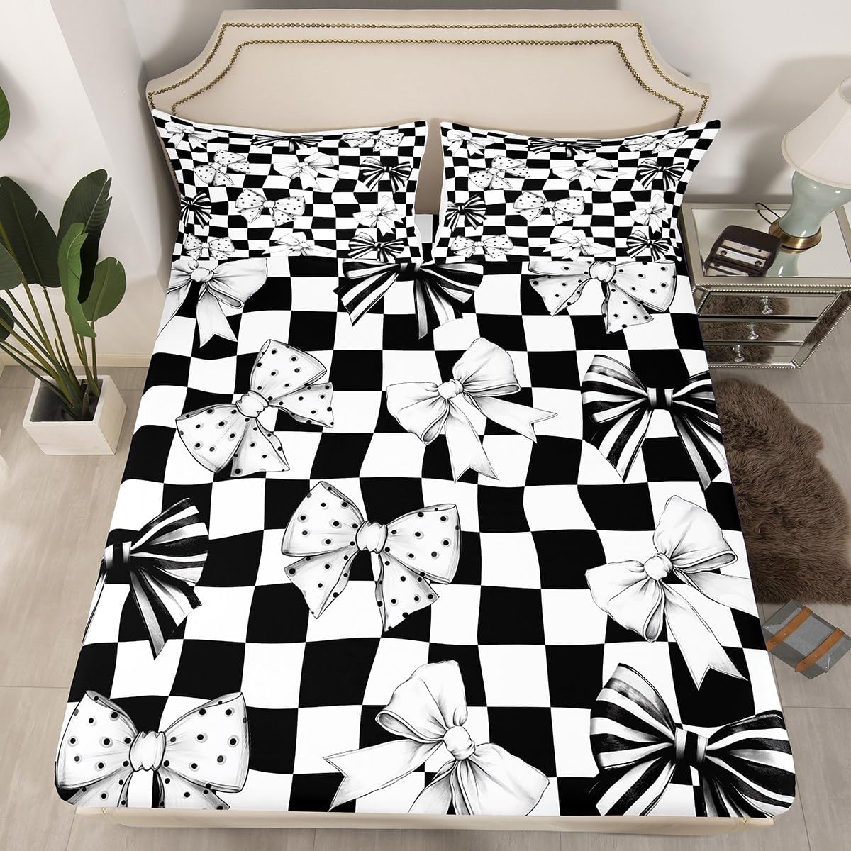 Cute Bowknot Fitted Sheet Queen Size Black White Checkered Bedding Set for Kids Girls Teens Stripes Dots Bow-tie Bed Sheet Set Plaid Bed Cover Room Decor,No Top Sheet