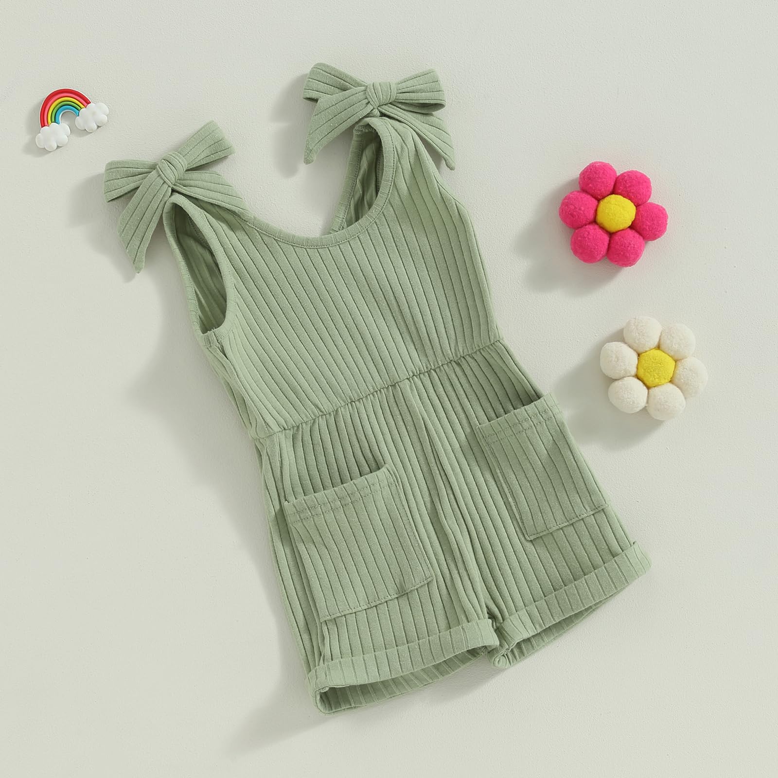 Toddler Baby Girl Romper Summer Ribbed Bow Straps Jumpsuit Playsuit Botton Down Tank Vest Romper One Piece Outfits (Light Green, 18-24 Months)