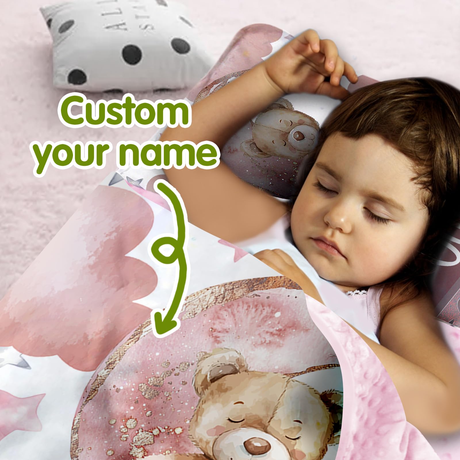 Custom Toddler Nap Mat for Preschool, Personalized Name Pink Kids Sleeping Bag with Bear for Daycare, Roll Up Sleeping Mat with Removable Pillow and Soft Dot Minky Blanke for Girls Camping