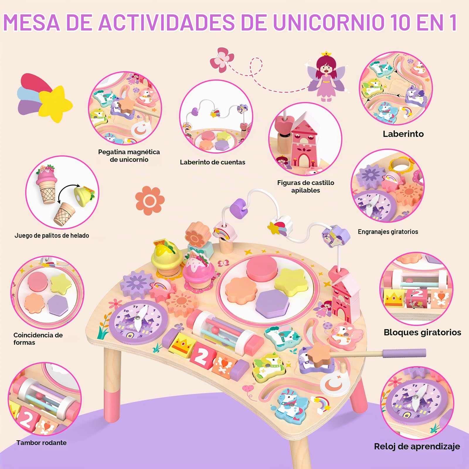 Mesa Actividades Montessori de Madera 10 en 1 Unicornio 18m+ | Agarrar, Clasificar, Girar y Escuchar Apoya la Motricidad Fina con Tareas Simples