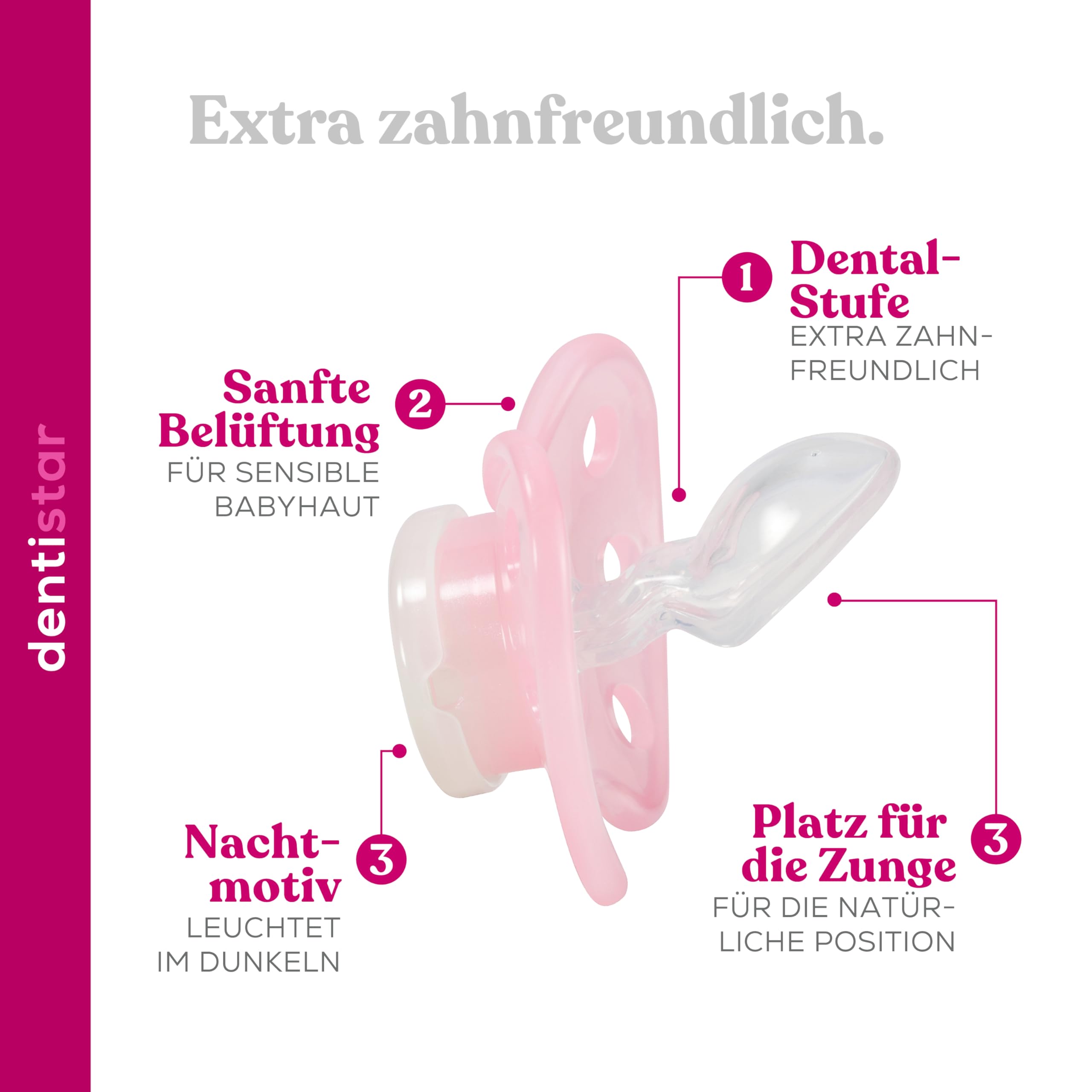 dentistar Night Silikon Schnuller 3er-Set - Größe 3, ab 14 Monate - Glow in the Dark Nuckel mit Dentalstufe – BPA-frei – Made in Germany - Fee, Rose - 4