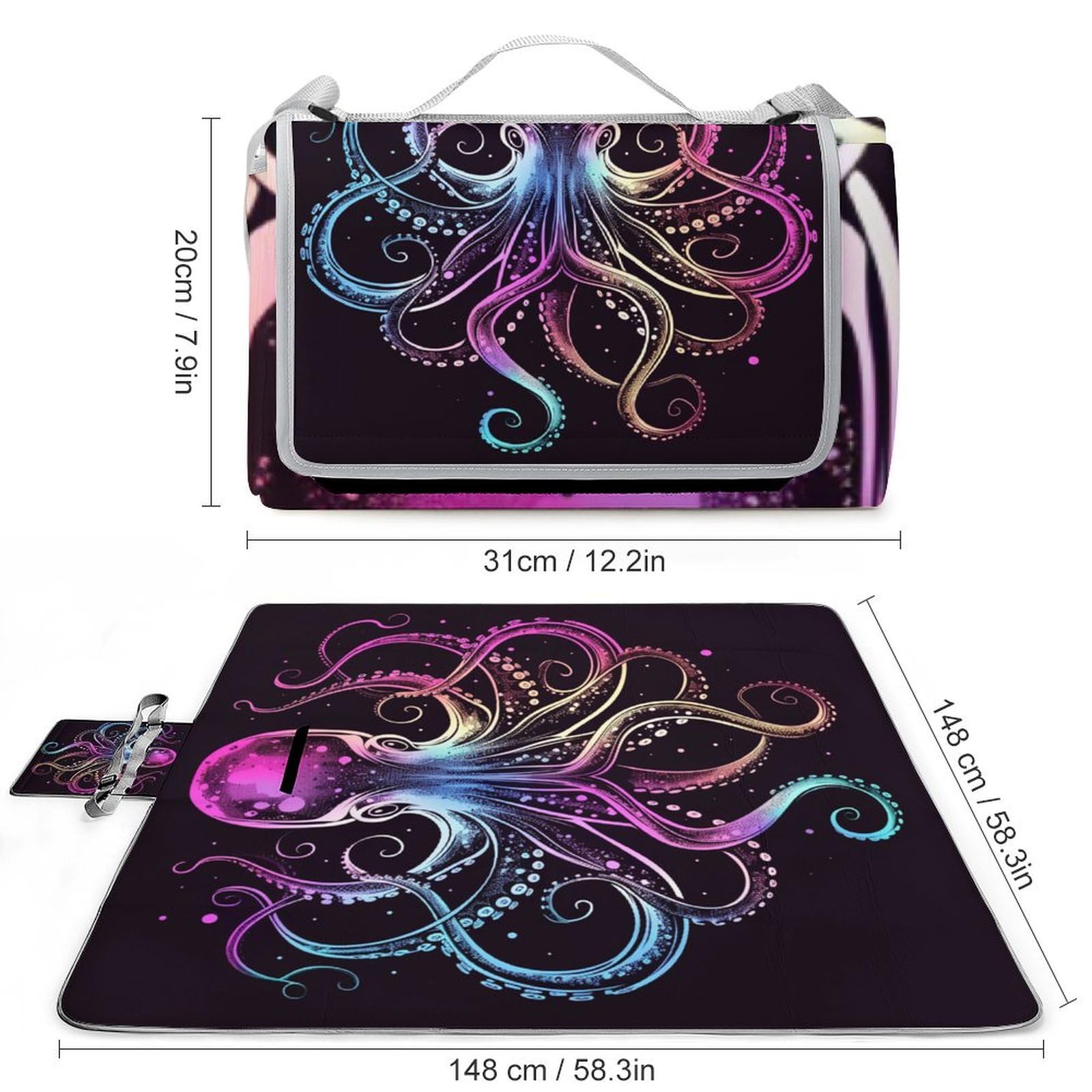 3D Impression La Pieuvre Couverture Pique Nique Animaux Tapis De Plage Anti Sable Nappe Picnic Tapis Picnic pour Le Voyage, Le Camping, Les Vacances, Etc 148x148cm