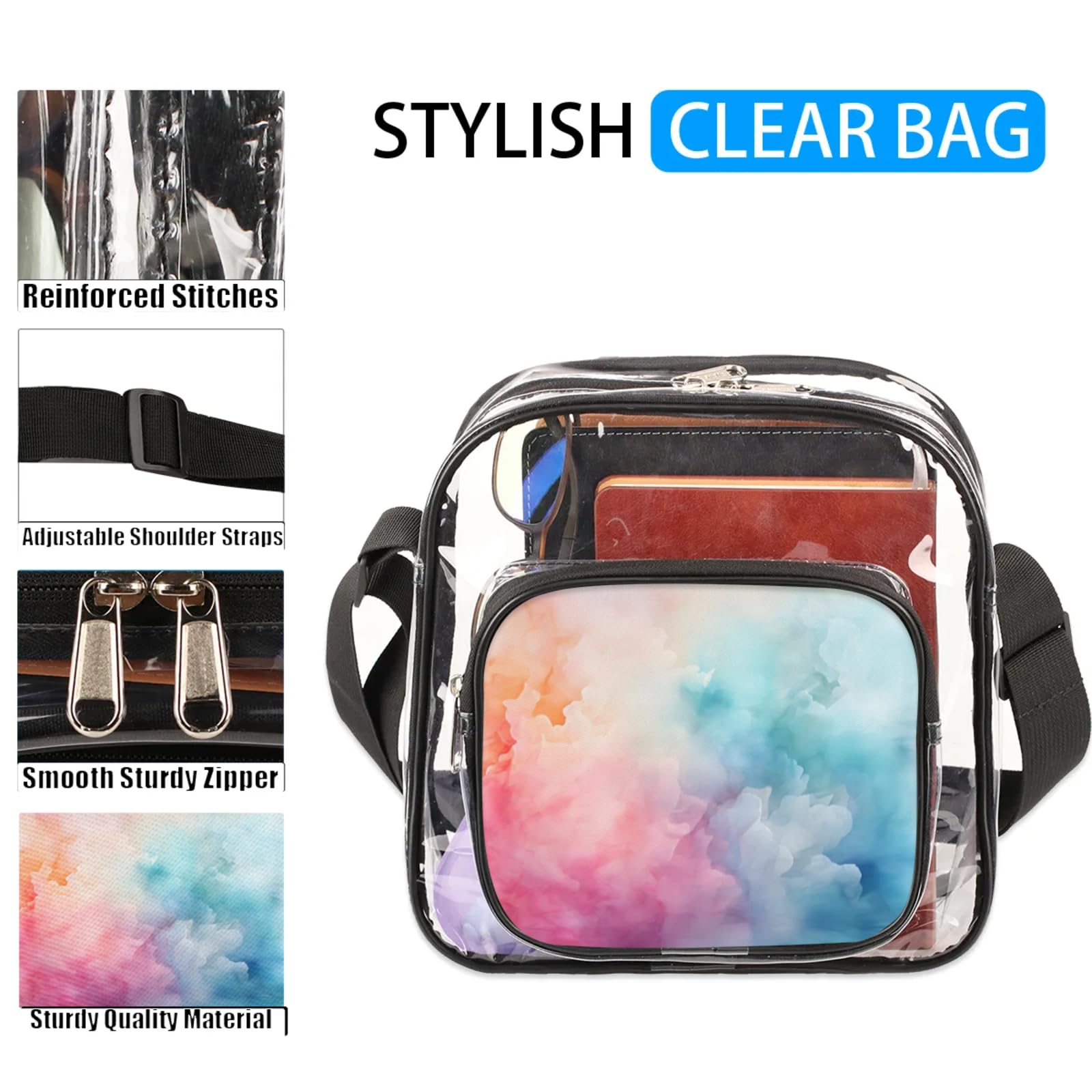 GzLeyigou Clear Crossbody Bag Stadium Approved Abstract Gradient Color Transparent Bag for Festivals, Sports Events, Concerts,Beach Bag for Women Men Clear Purse with Front Pocket Messenger Bag