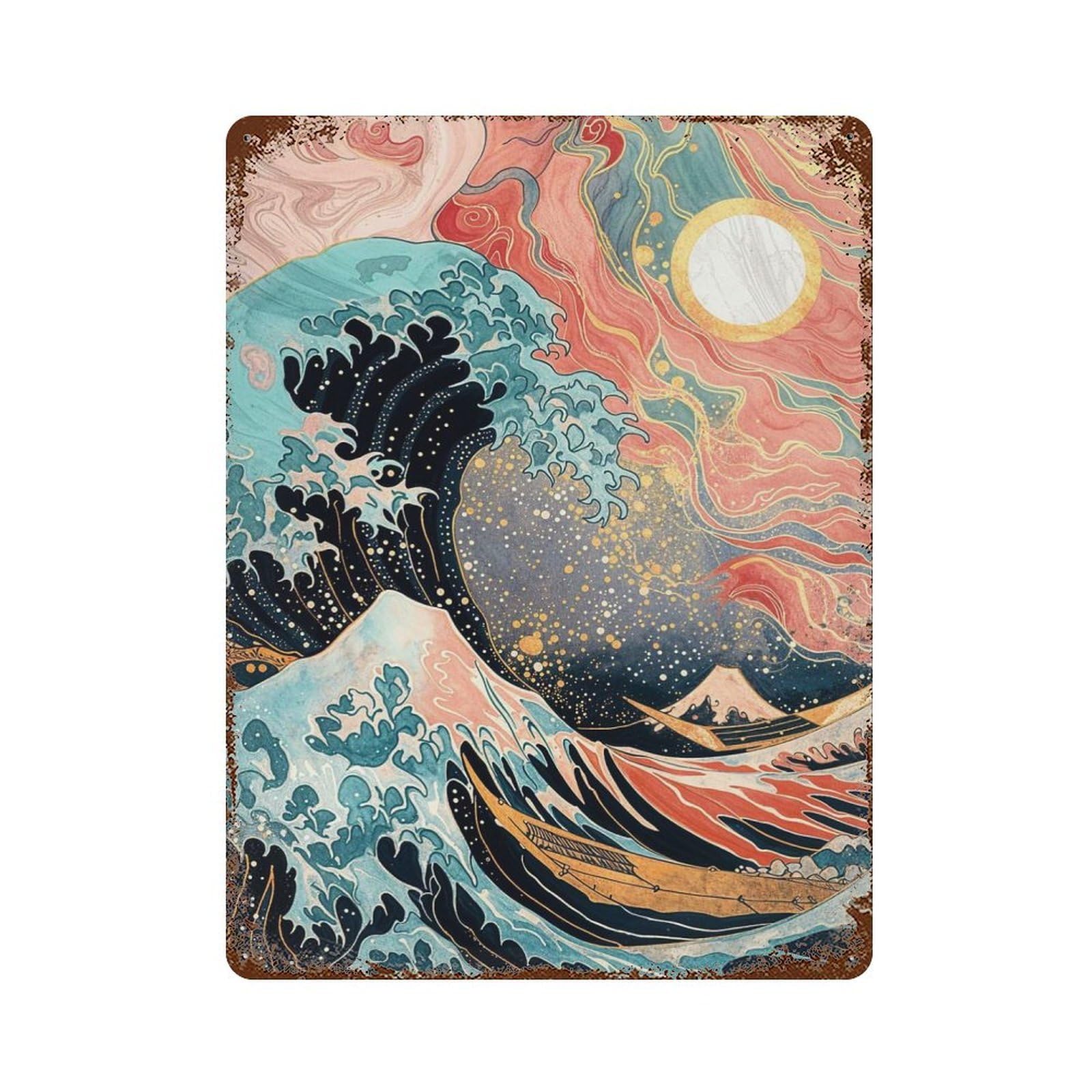 The Great Wave at Sunset Aged Metal Wall Plaque 15.7"x11.8", Industrial Home Decor for Pub, Kitchen And Man Cave Decor